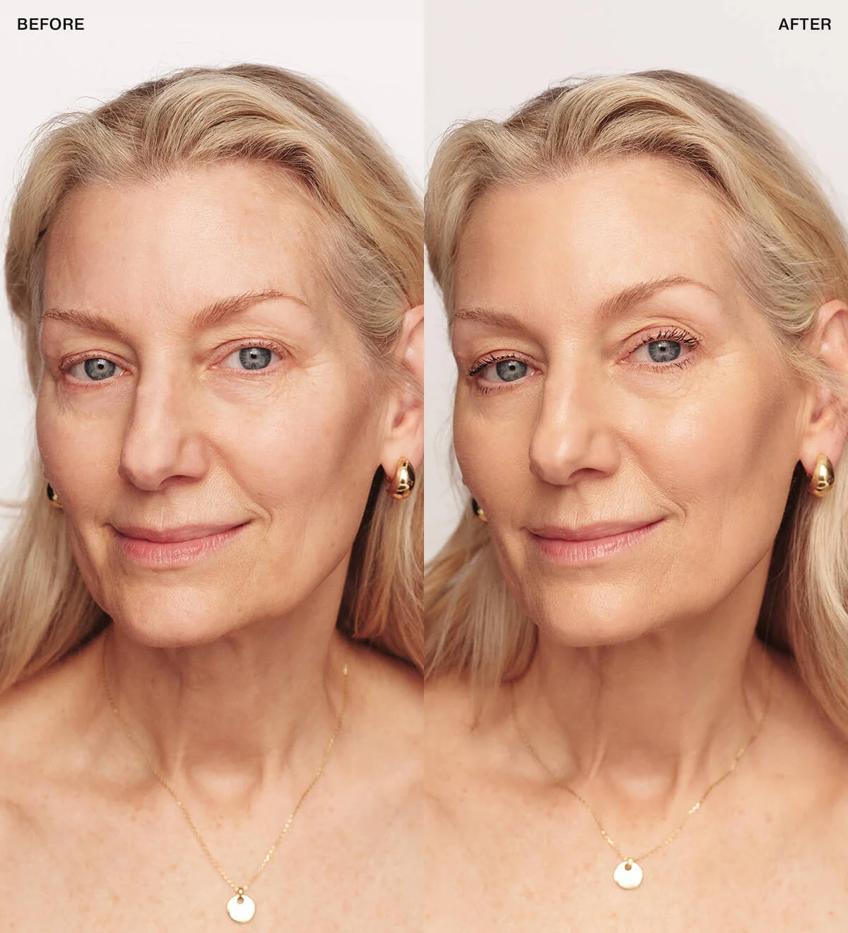 Changing Foundation before and after on mature skin, showing concealed redness and a natural finish.