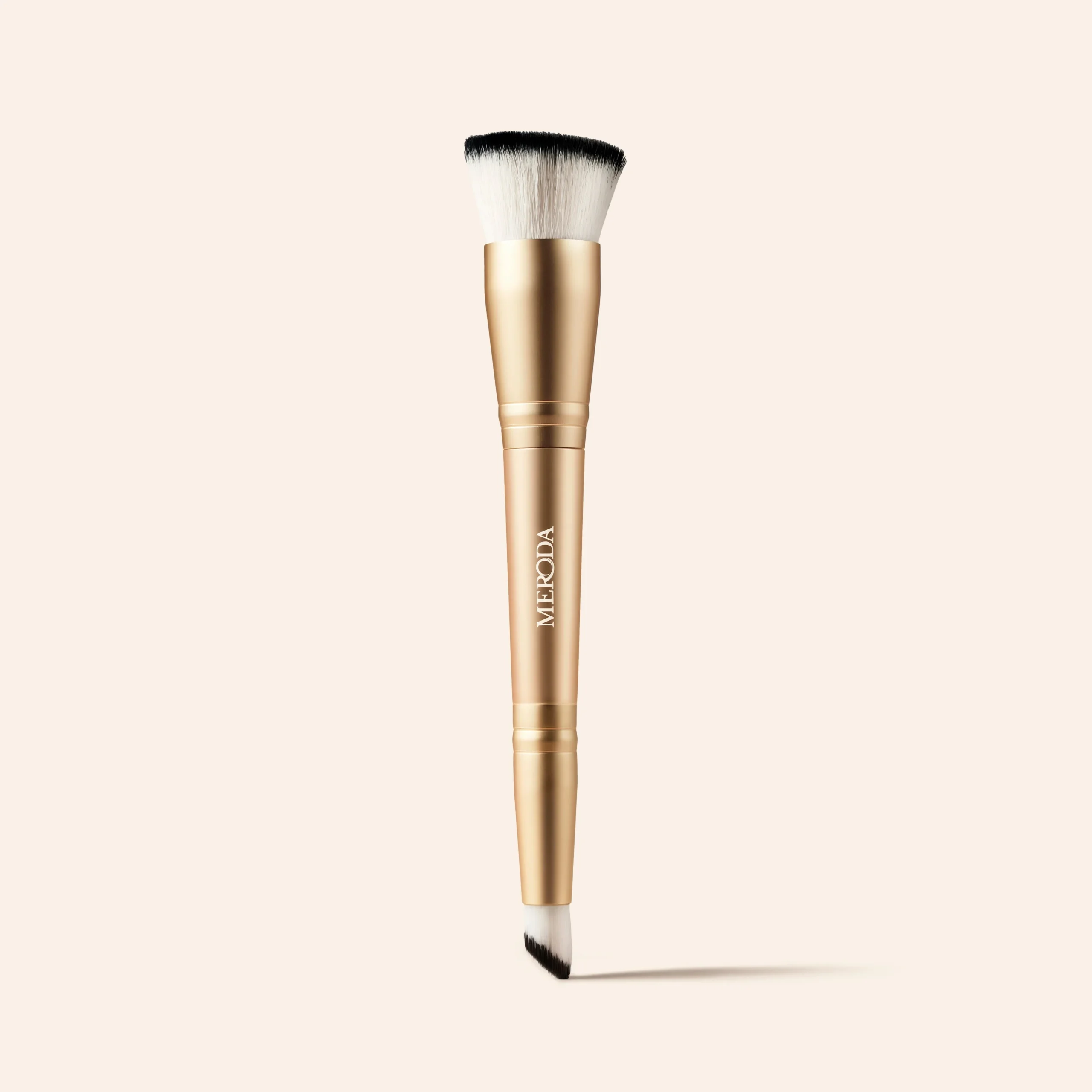 Meroda Cosmetics 2-in-1 Build & Conceal Brush with dual-ended synthetic fibers for blending foundation and concealer