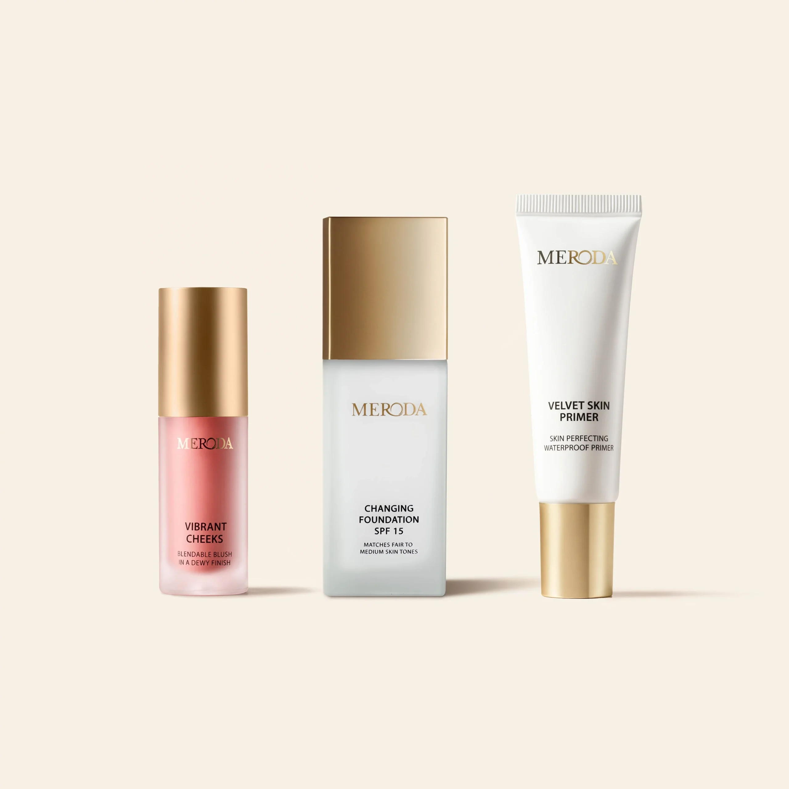 Meroda Cosmetics The Ready in 2 Bundle: Changing Foundation, Velvet Skin Primer and Vibrant Cheeks on light cream.