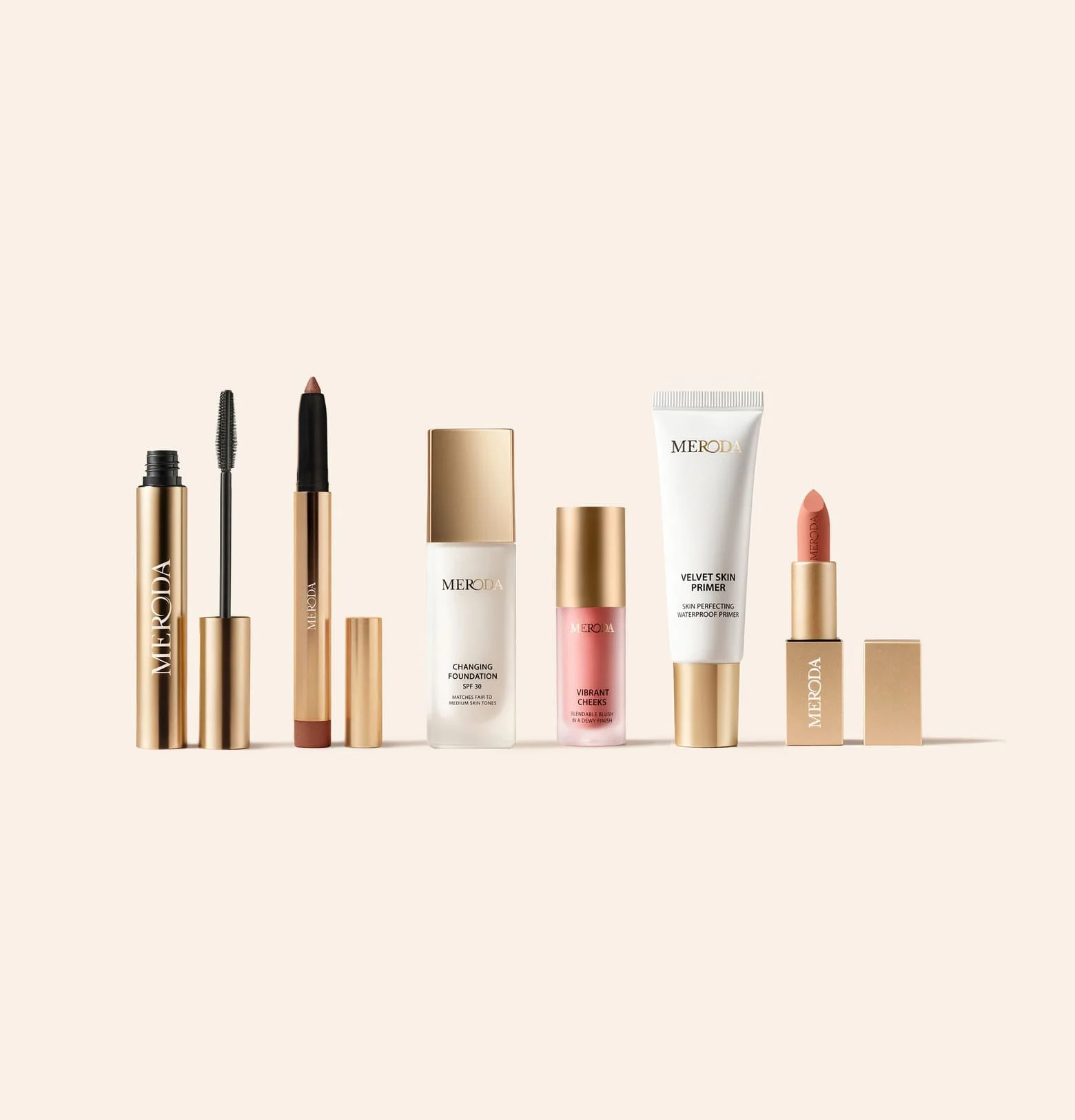 Meroda Cosmetics Endless Summer Bundle with Changing Foundation and Velvet Skin Primer on a minimalist beige background.