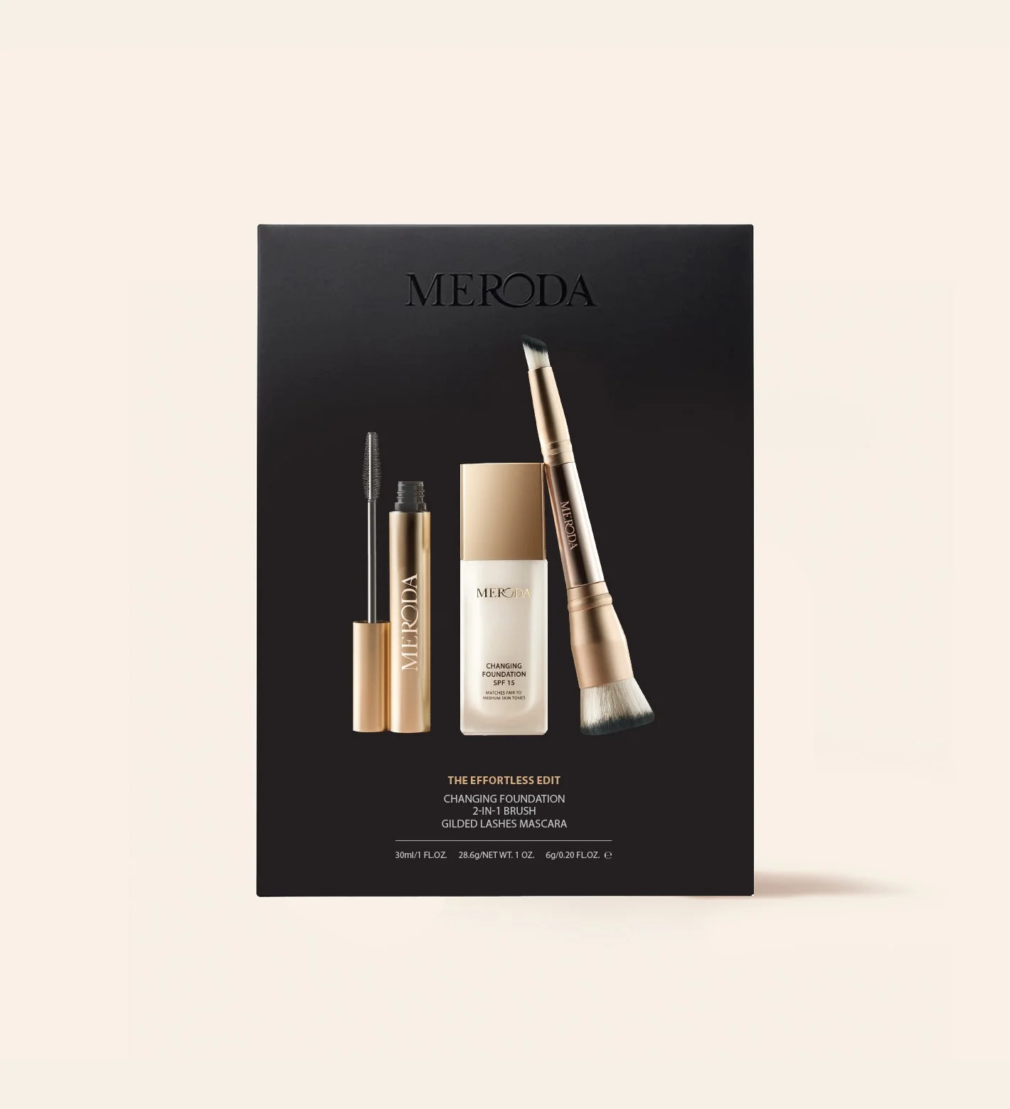 The Effortless Edit gift set featuring Changing Foundation, Gilded Lashes Mascara, and 2-in-1 Build & Conceal Brush.