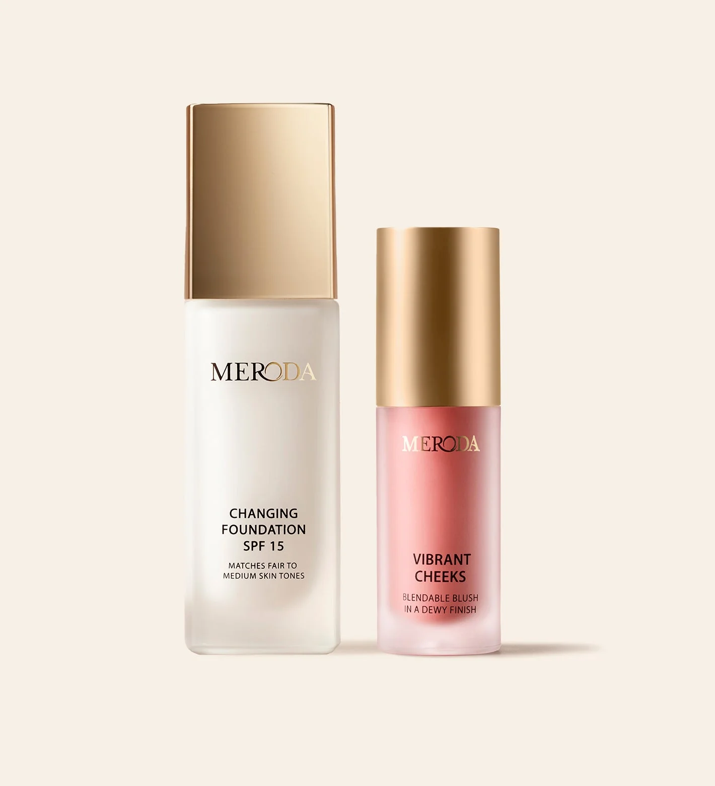 Vibrant Skin Duo featuring Changing Foundation and Vibrant Cheeks Liquid Blush on a light background.