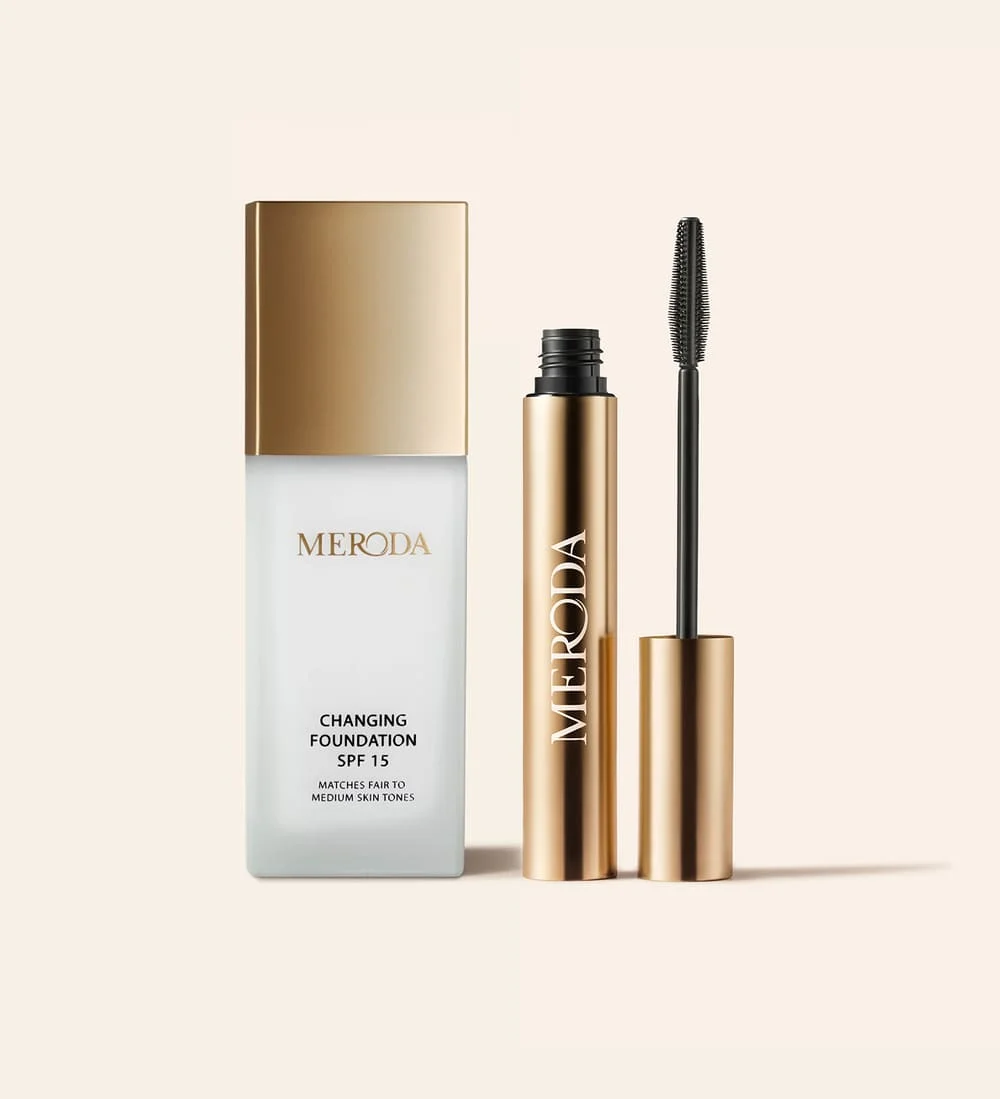 Meroda Cosmetics The Key Essentials bundle featuring Changing Foundation and Gilded Lashes Mascara in gold packaging