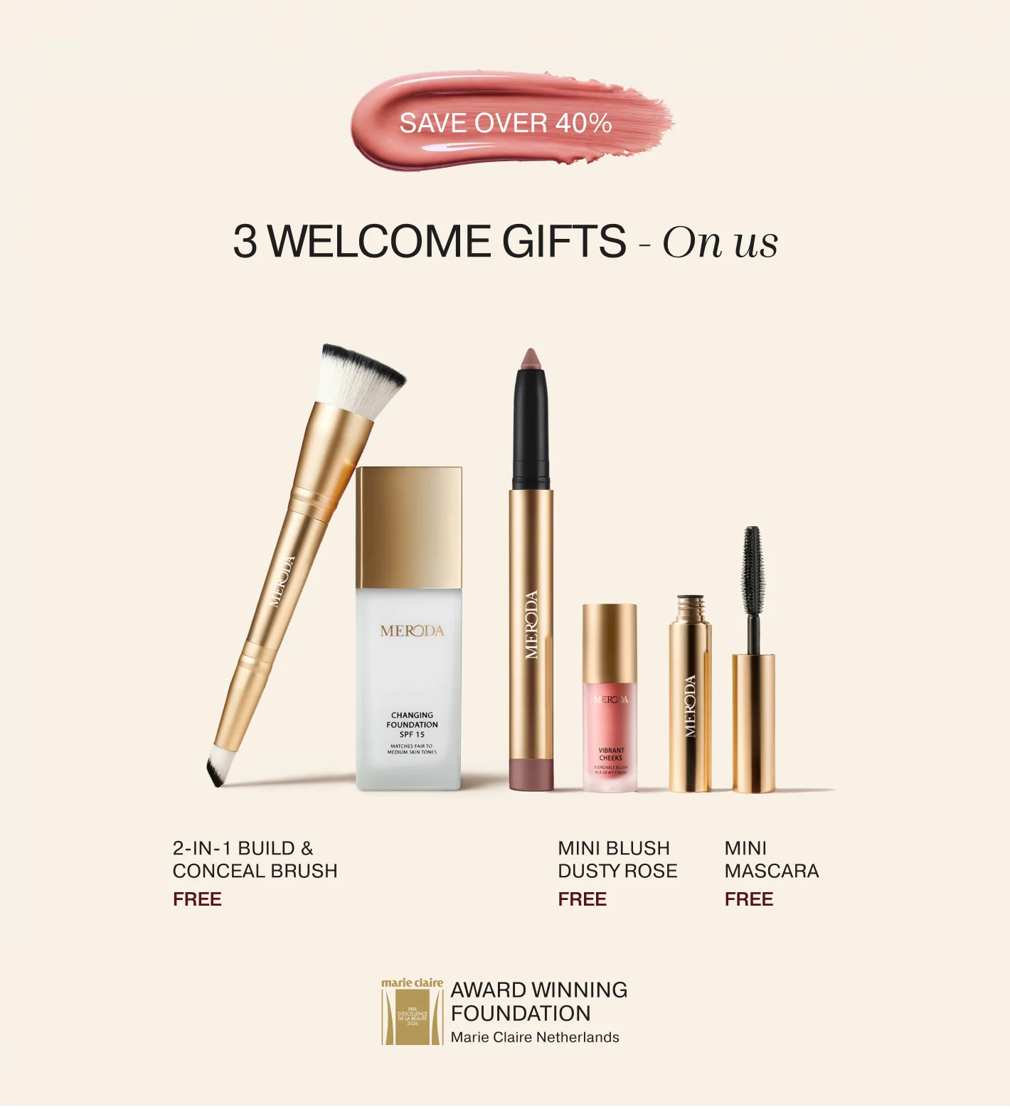 Essential Duo (+3 FREE GIFTS) featuring award-winning Changing Foundation and three free gold-toned makeup gifts.