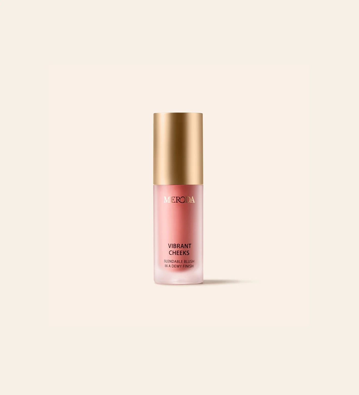 Meroda Mini Vibrant Cheeks Liquid Blush in Dusty Rose with a gold cap and a blendable, dewy finish.