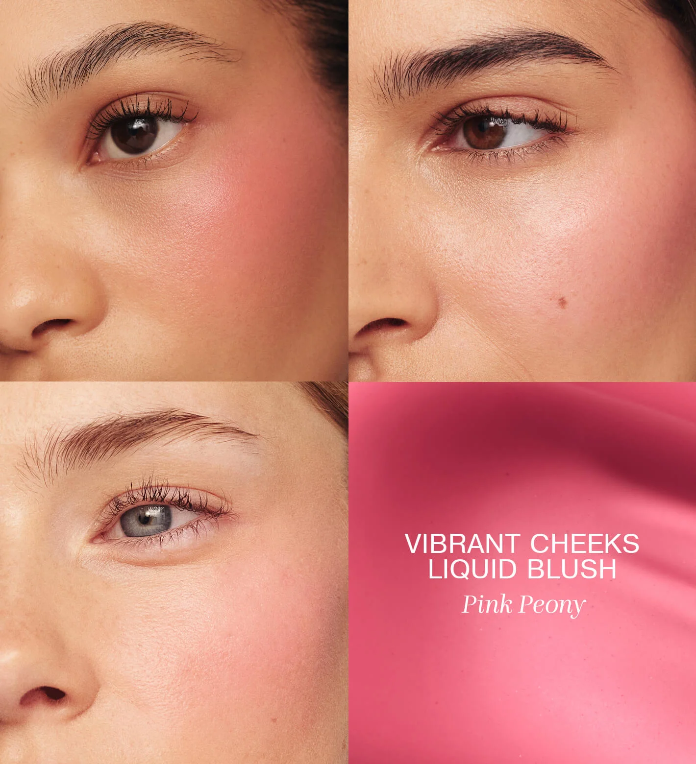 Meroda Cosmetics Vibrant Cheeks Liquid Blush in Pink Peony on three models for a radiant, dewy pink finish.