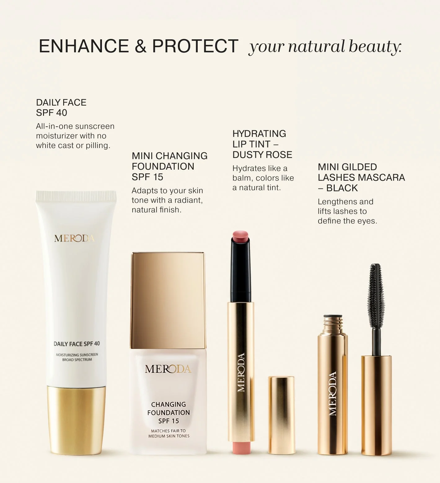 Summer Travel Icons bundle with Daily Face SPF 40, Mini Changing Foundation, Dusty Rose Lip Tint, and Gilded Lashes Mascara.