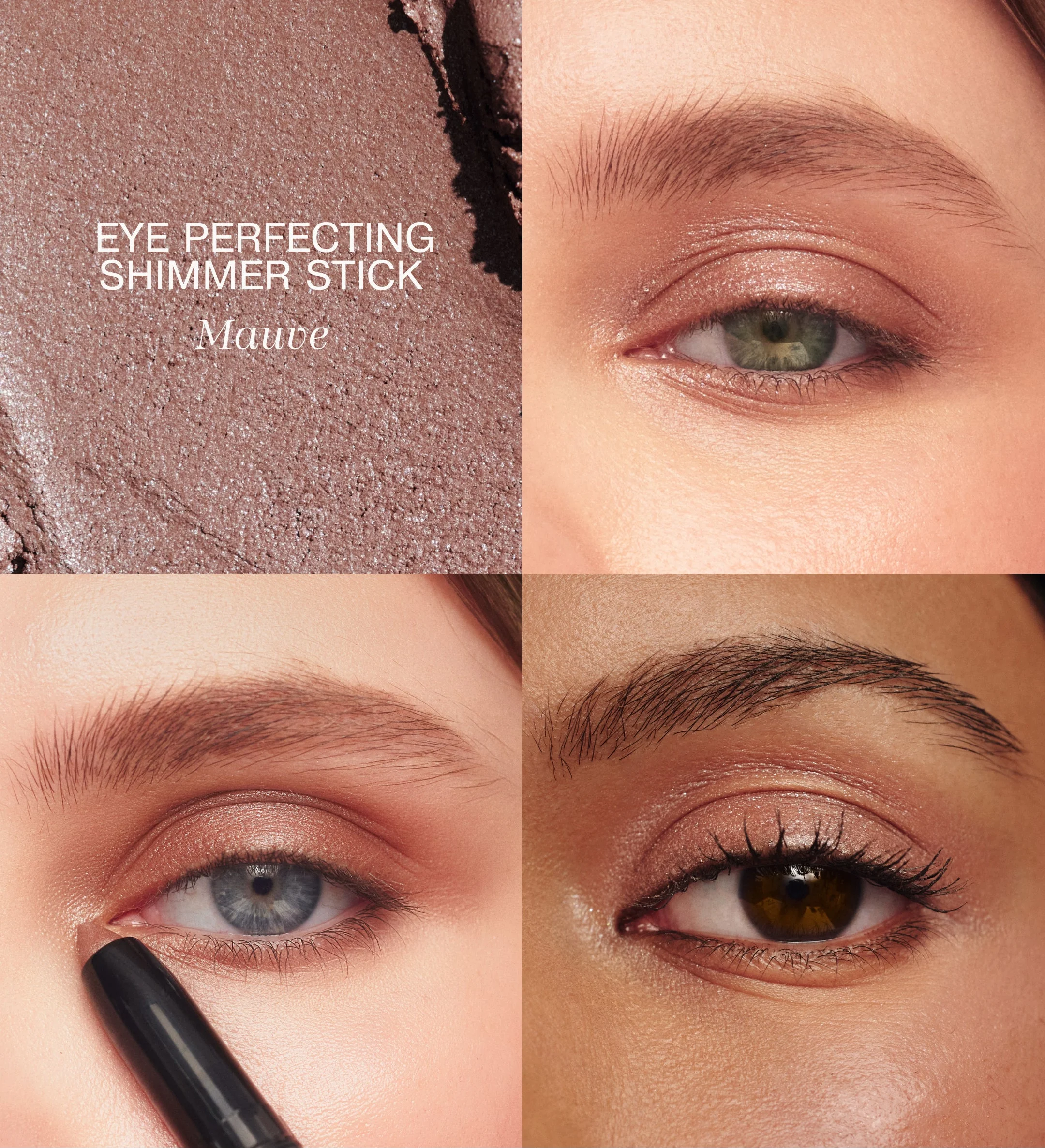 Meroda Cosmetics Eye Perfecting Shimmer Stick in Mauve texture swatch and application on various skin tones.