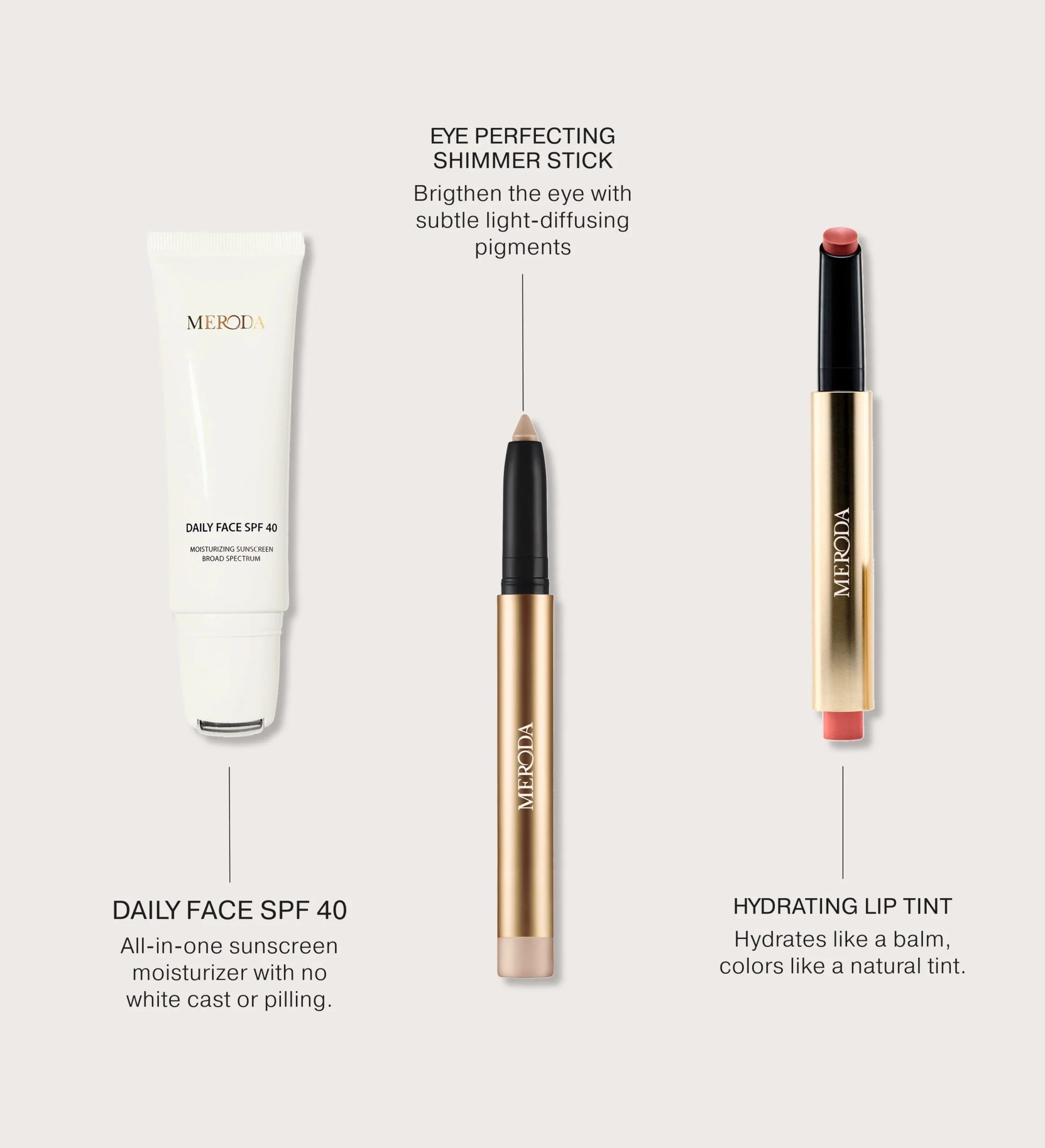 Sunkissed Trio featuring Daily Face SPF 40, gold Eye Perfecting Shimmer Stick and Hydrating Lip Tint.
