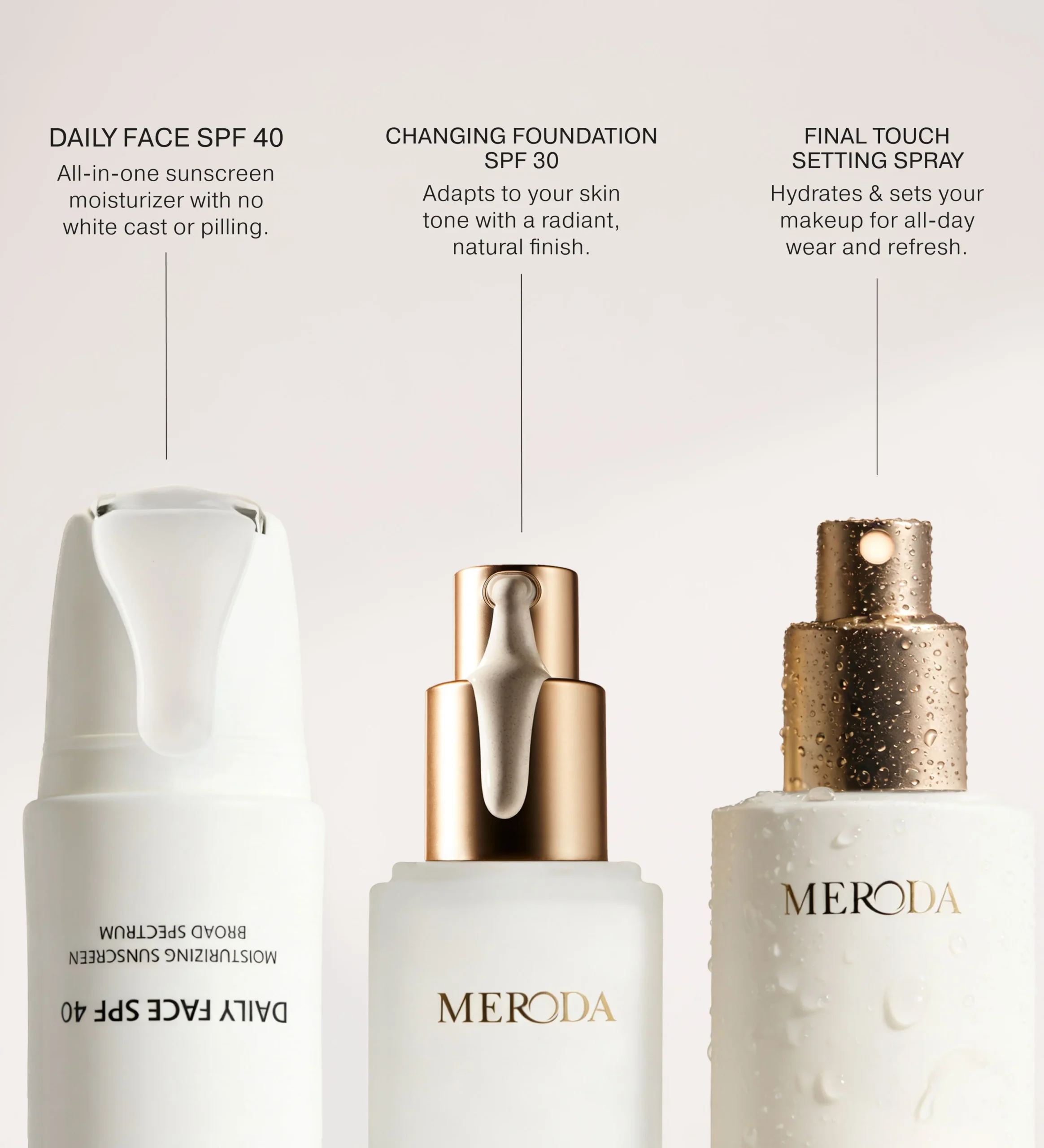 Summer-Proof Edit featuring Daily Face SPF 40, Changing Foundation SPF 30 and Final Touch Setting Spray in gold bottles.