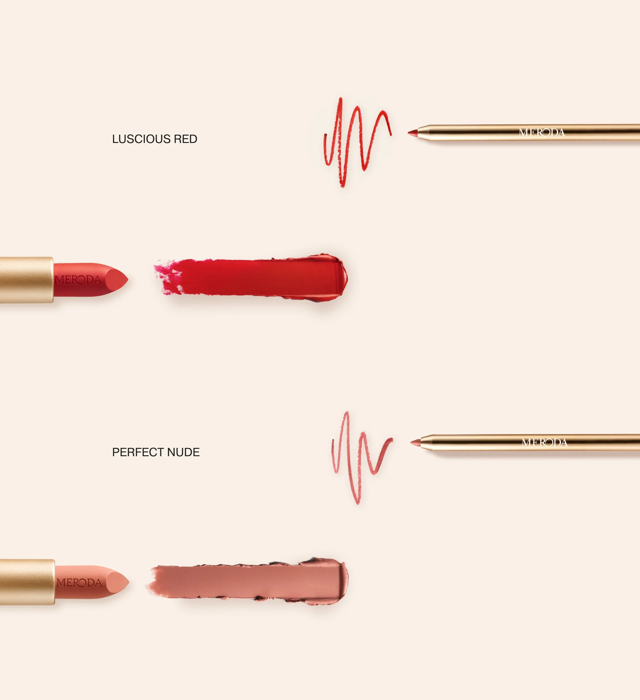 Luscious Lips Set featuring Velvet Dream Lipsticks and Signature Lip Pencils with Luscious Red and Perfect Nude matte swatches.