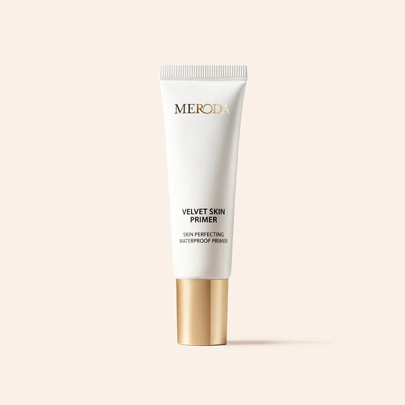 Meroda Cosmetics Velvet Skin Primer tube with a gold cap from the Prep & Set Duo featuring a waterproof formula