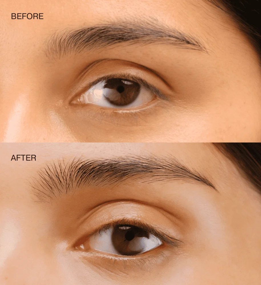 Before and after comparison showing lifted and groomed eyebrows using The Precision Brow Gel