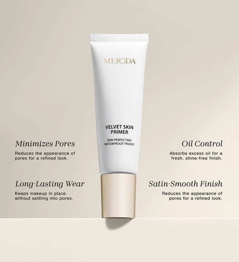 Velvet Skin Primer tube highlighting oil control, long-lasting wear, and a pore-minimizing, satin-smooth finish.