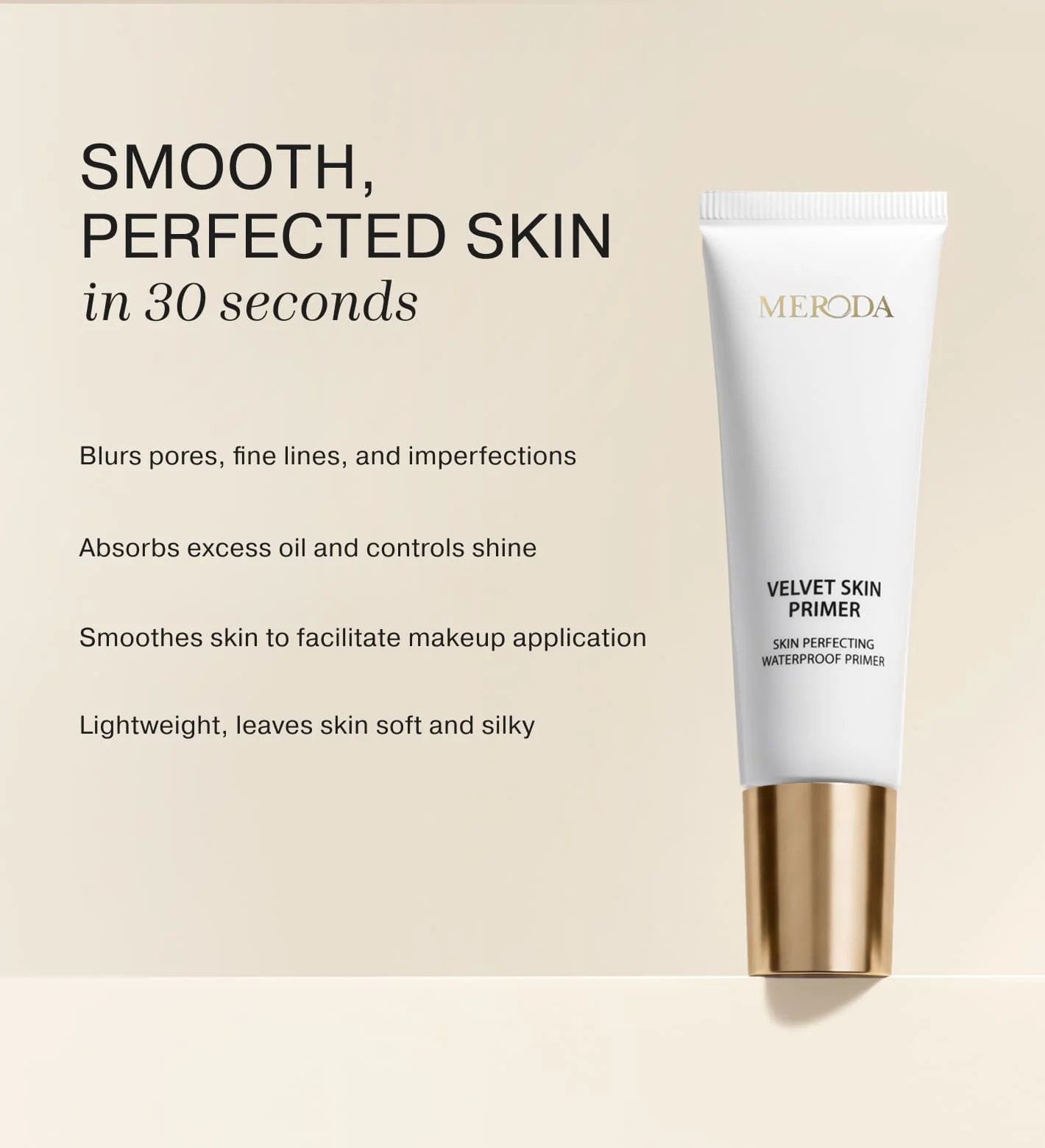 Velvet Skin Primer tube next to text detailing product benefits on a cream background