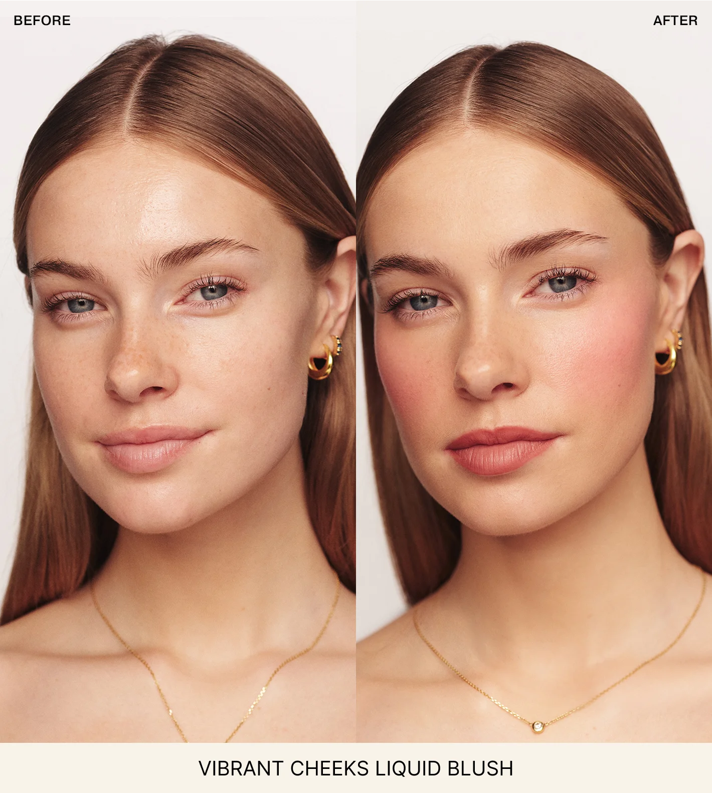 Vibrant Cheeks Liquid Blush before and after comparison showing soft, healthy flush on cheeks.