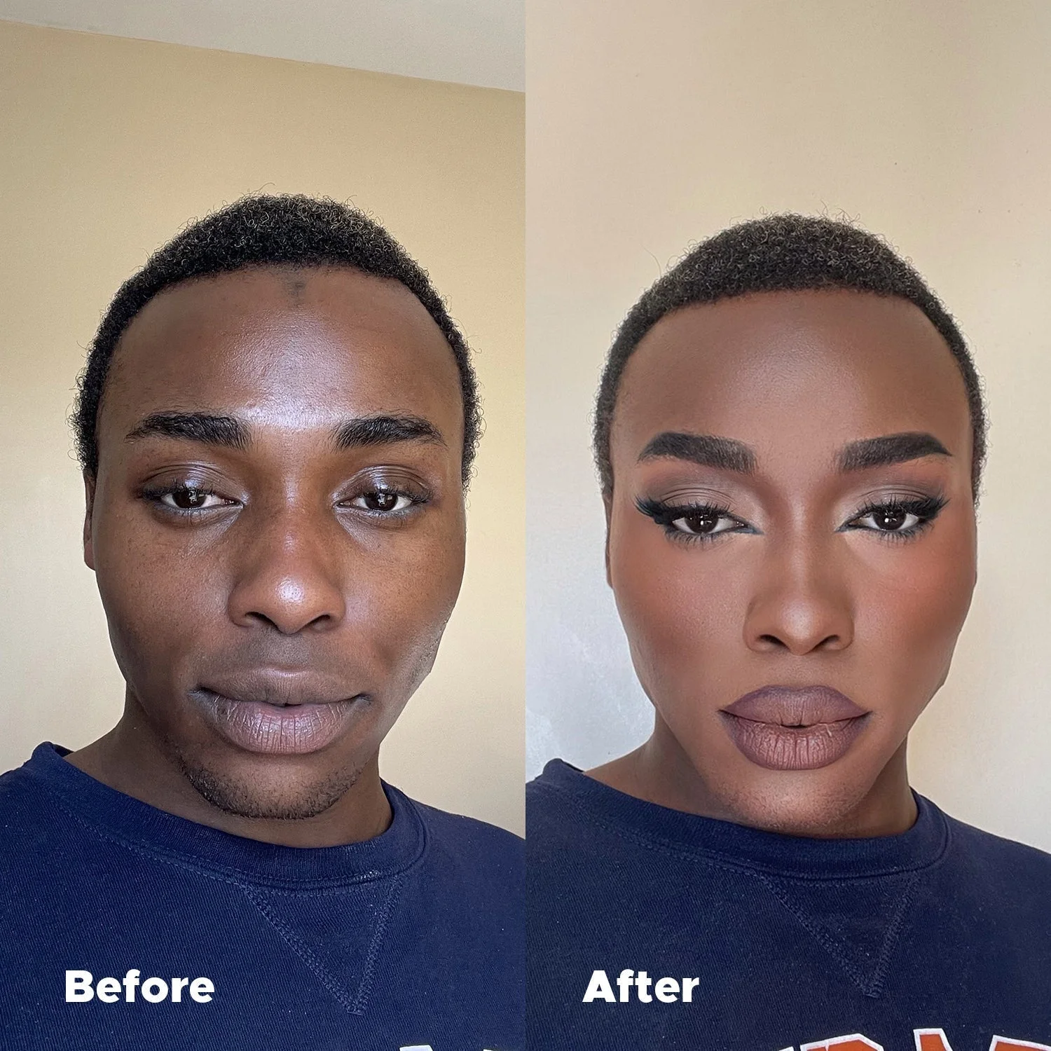 Universal Foundation before and after comparison on deep skin showing seamless coverage and a natural matte finish.