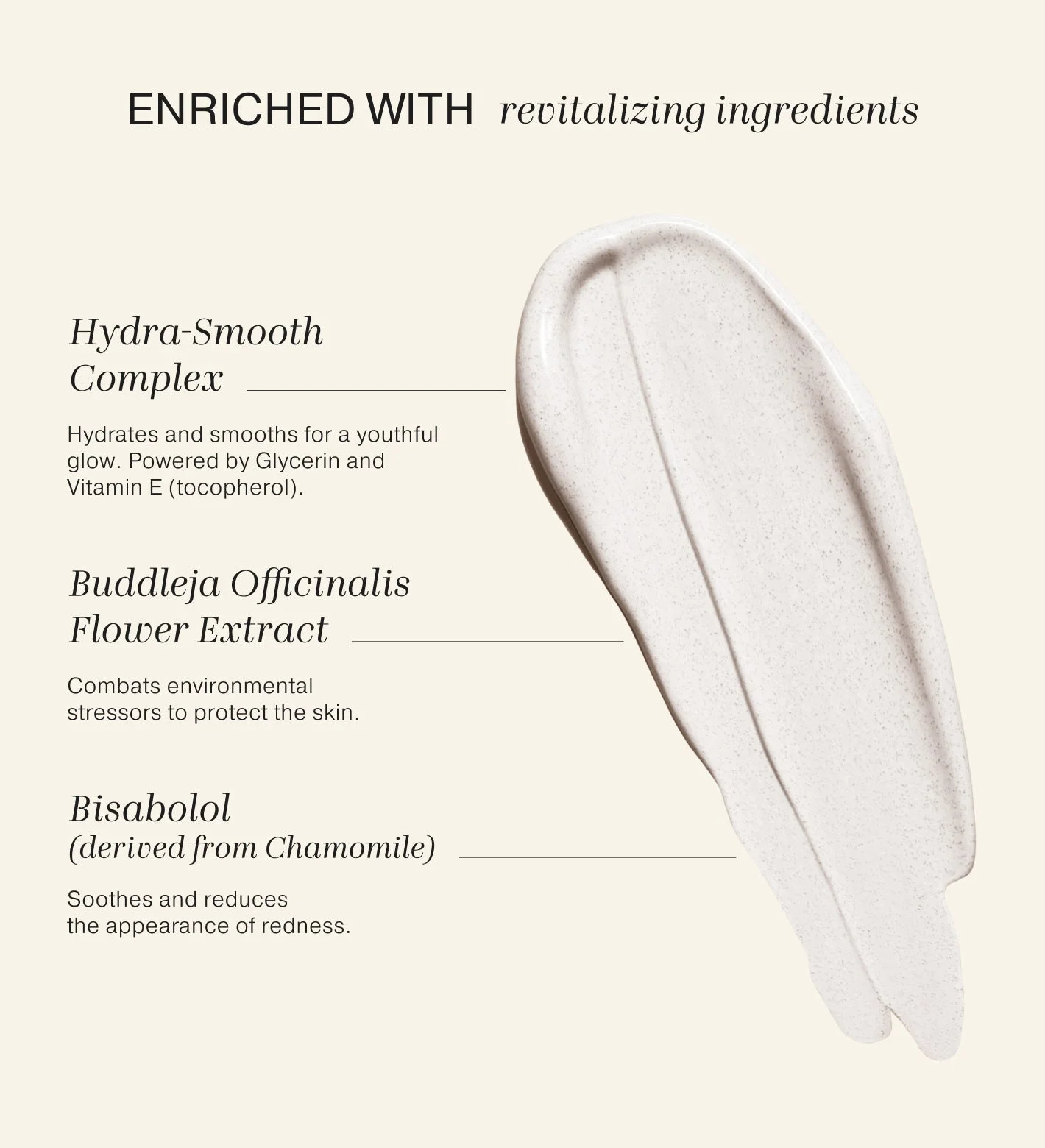 Smooth foundation swatch highlighting revitalizing ingredients like Hydra-Smooth Complex, Bisabolol, and Vitamin E.