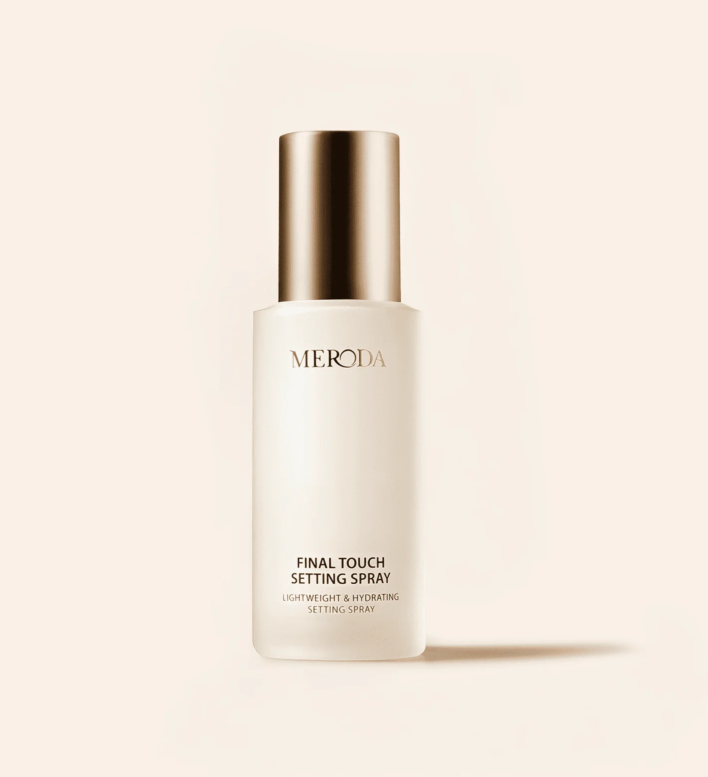Meroda Cosmetics Final Touch Setting Spray 80ml bottle with a gold metallic cap for a lightweight and hydrating finish.