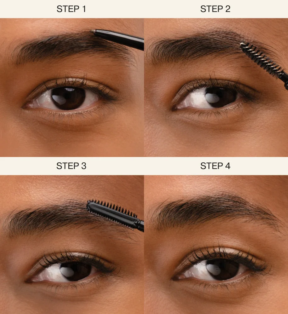 Four-step guide for The Brow Defining Duo using The Precision Brow Pencil and The Precision Brow Gel for defined brows.