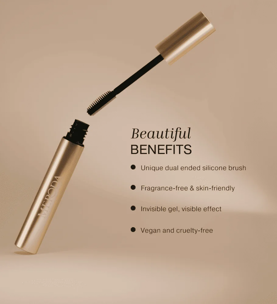 Meroda Cosmetics The Precision Brow Gel open gold tube with a dual ended silicone brush and a list of beautiful benefits.