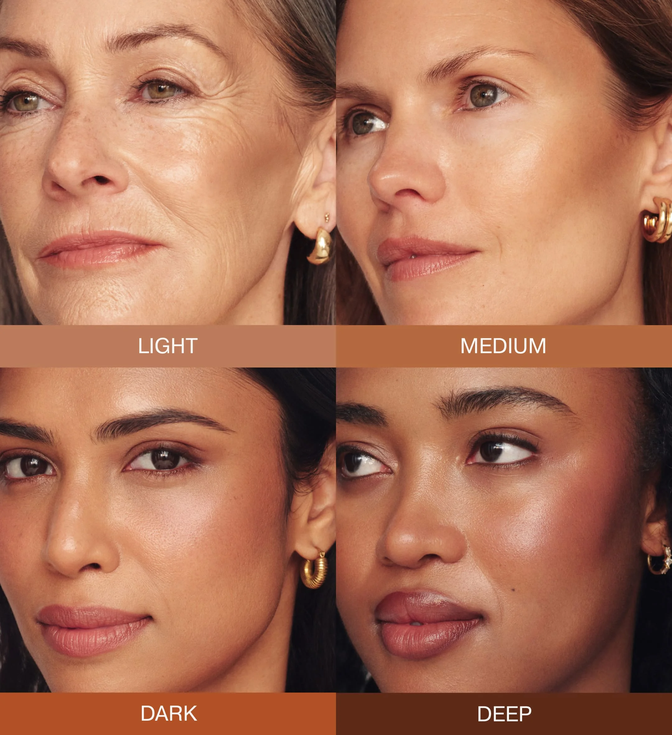 Meroda Cosmetics Soft Tan Bronzer shade finder showing Light, Medium, Dark, and Deep shades on diverse skin tones.