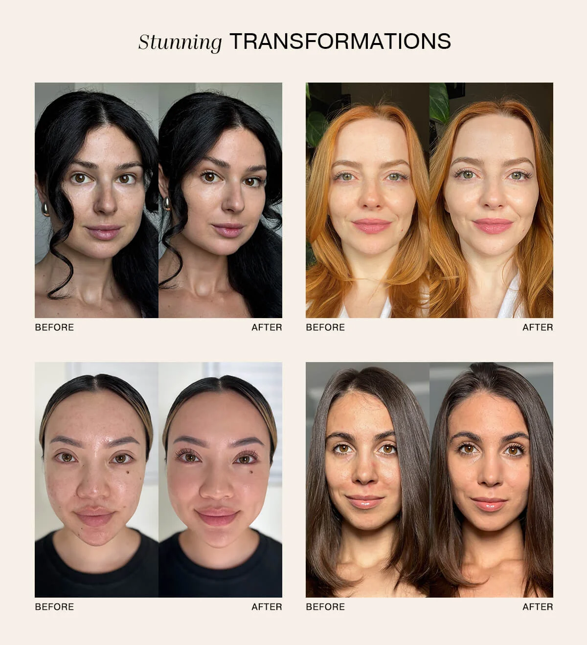 Meroda Cosmetics Changing Foundation before and after results on four women showing a natural finish and concealed redness.