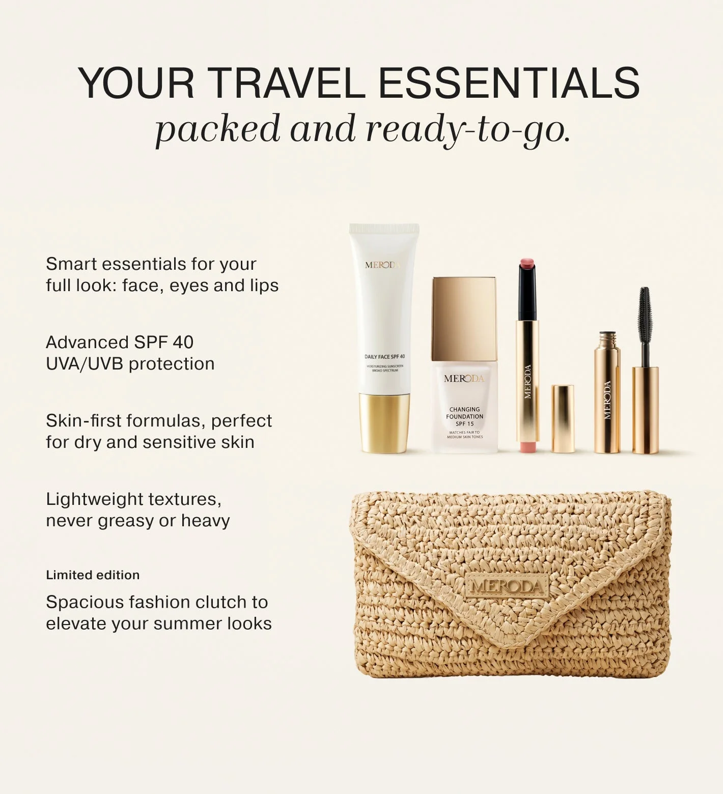 Summer Travel Icons set with Daily Face SPF 40, mini foundation, lip tint, mascara, and a woven straw travel clutch.