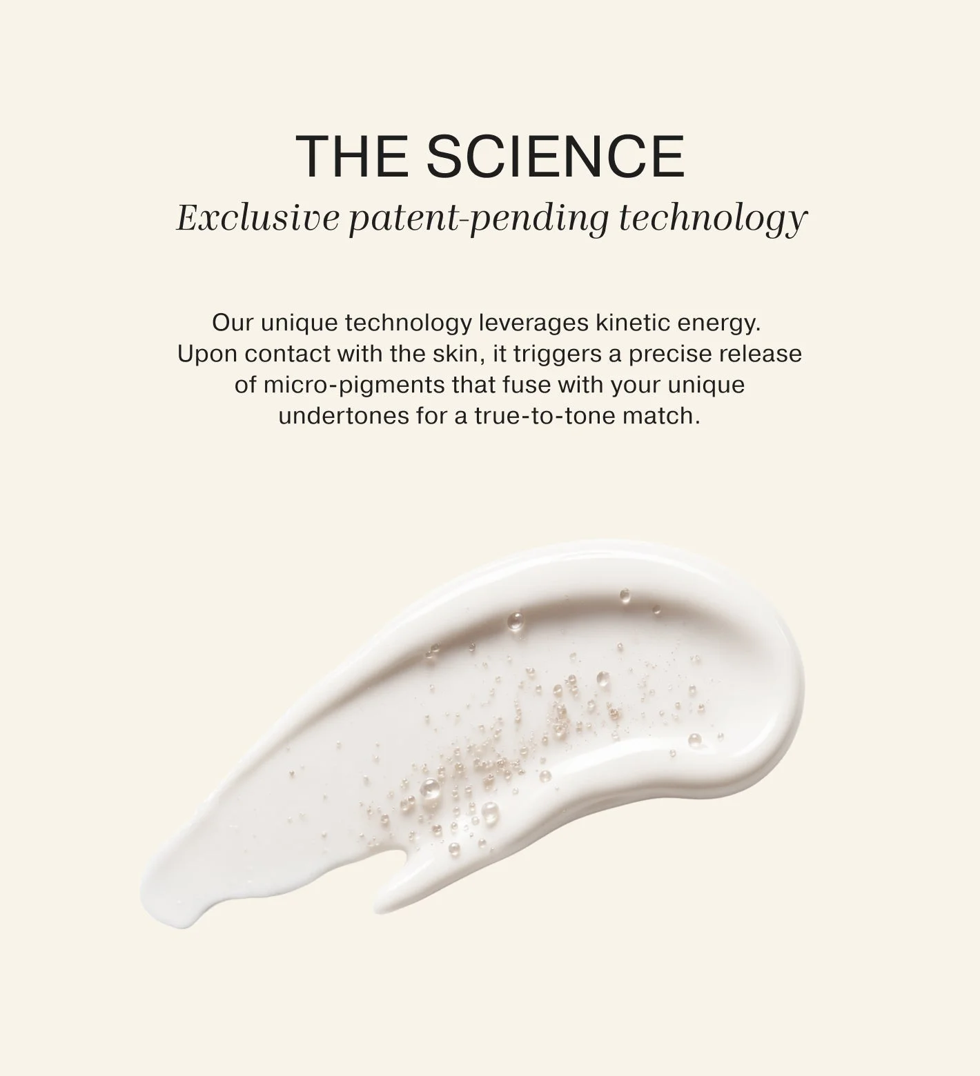 Meroda Changing Foundation swatch displaying patent-pending micro-pigment technology for a true-to-tone match.