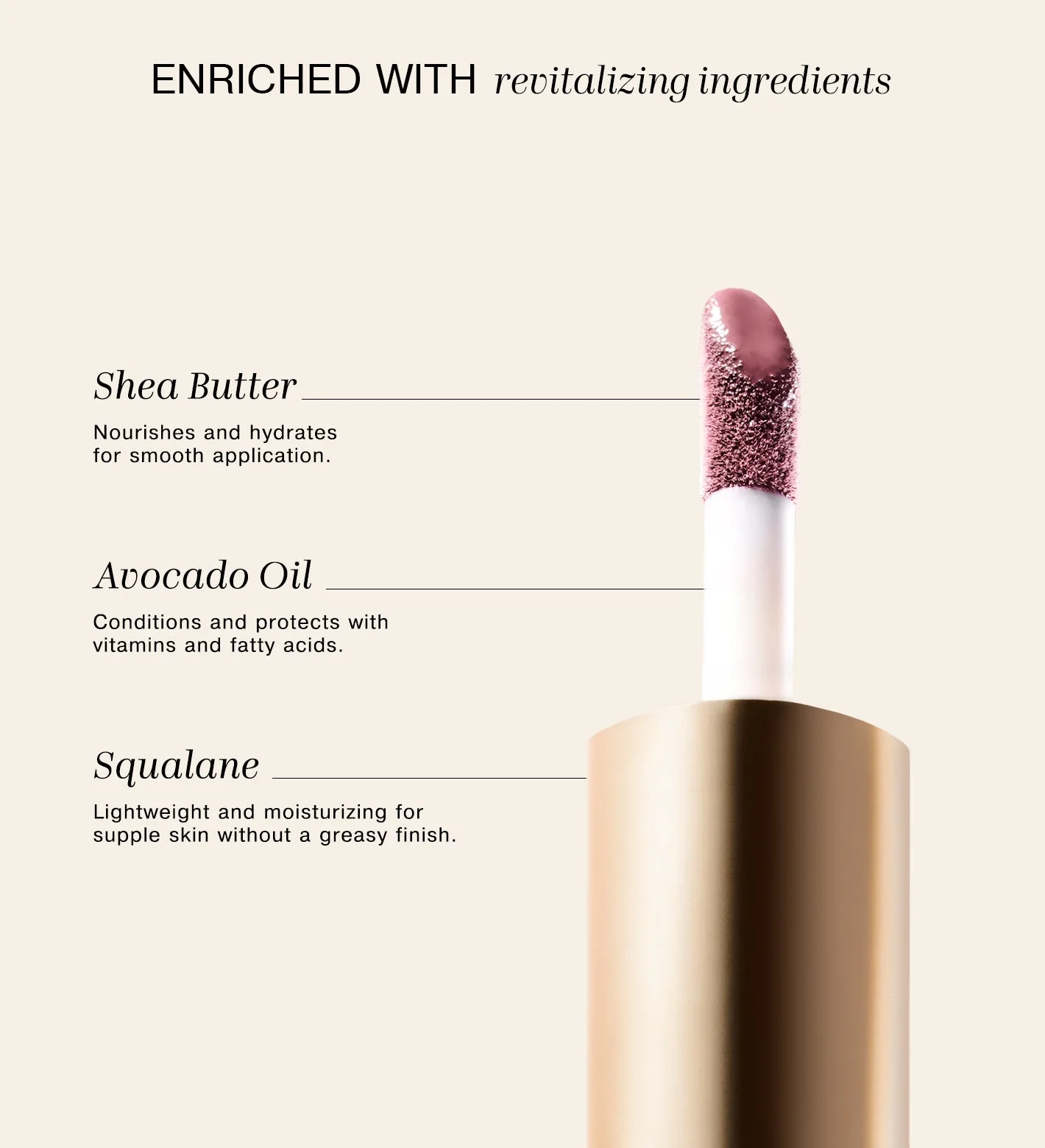 Vibrant Cheeks Liquid Blush in Grape Galore highlighting Shea Butter, Avocado Oil and Squalane ingredients.