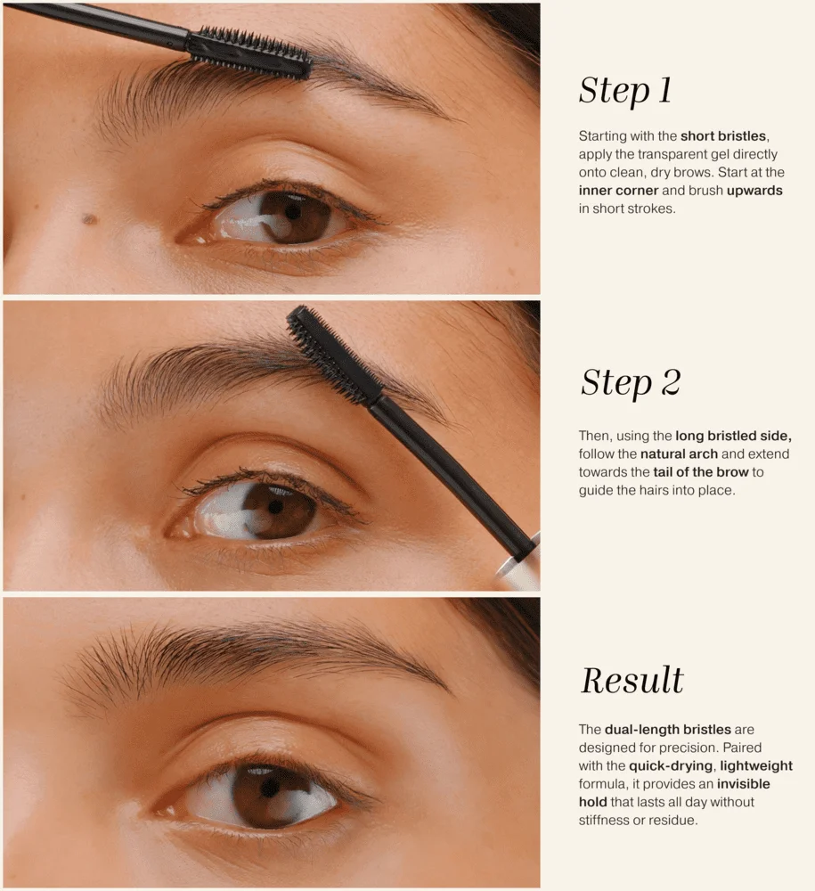 Step-by-step application guide for The Precision Brow Gel showing dual-length bristles for groomed and lifted brows