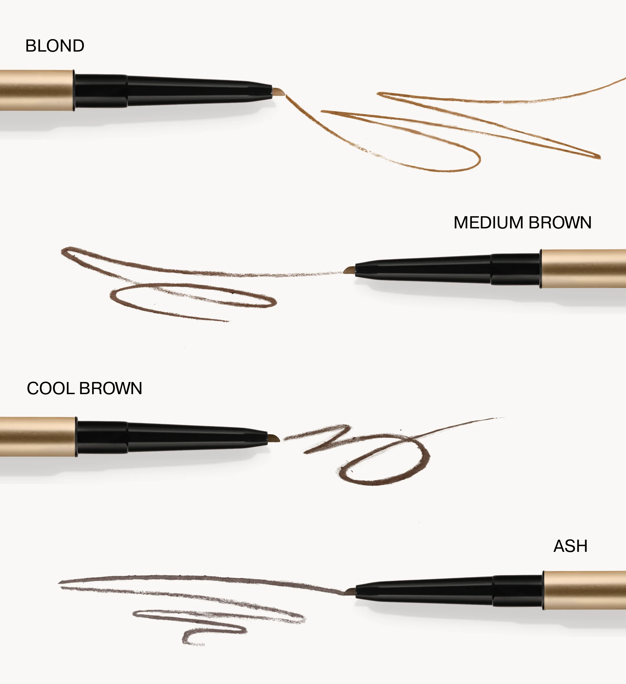 The Precision Brow Pencil shade finder featuring swatches for Blonde, Medium Brown, Cool Brown, and Ash.
