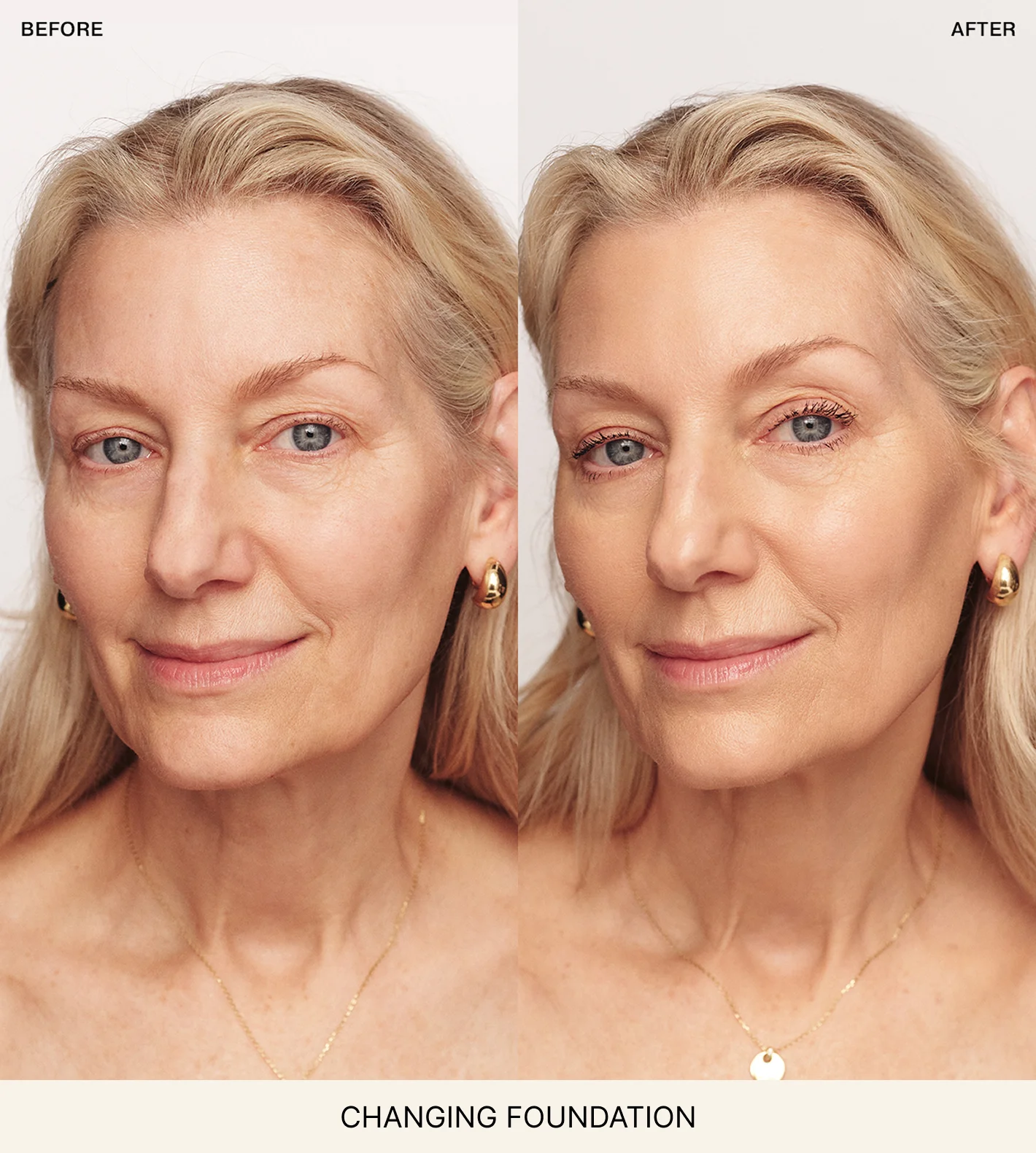 Meroda Cosmetics Changing Foundation before and after comparison on a mature woman showing an even, natural finish.