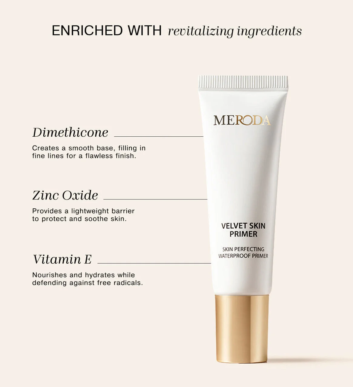 Meroda Velvet Skin Primer tube showcasing revitalizing ingredients including Dimethicone, Zinc Oxide, and Vitamin E.