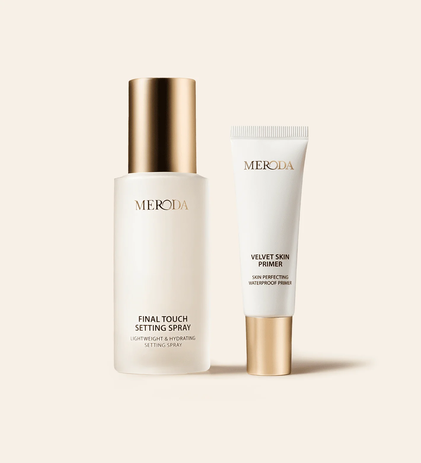 Meroda Cosmetics Prep & Set Duo with Velvet Skin Primer and Final Touch Setting Spray in white and gold packaging