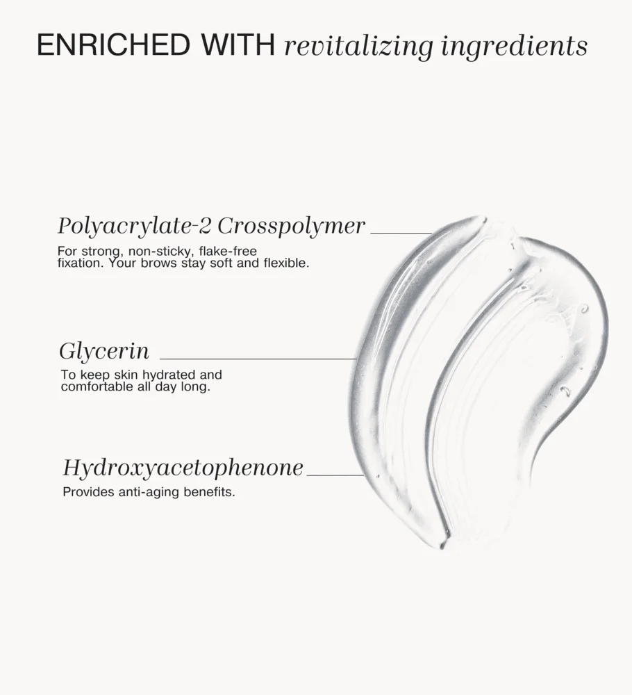 The Precision Brow Gel clear swatch with revitalizing Polyacrylate-2 Crosspolymer, Glycerin, and Hydroxyacetophenone.