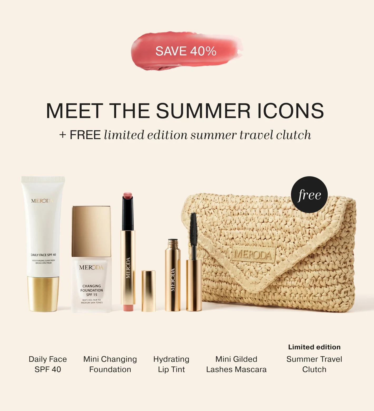 Summer Travel Icons bundle featuring SPF 40, foundation, lip tint, mascara, and a woven straw clutch.