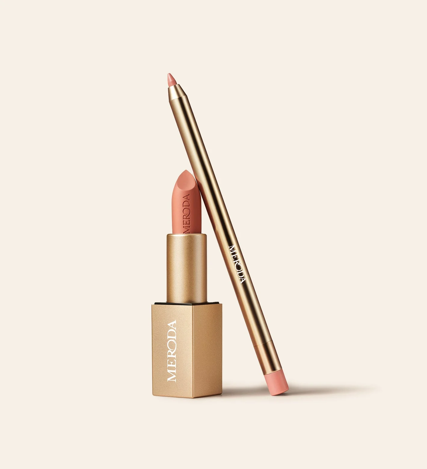 Meroda Velvet Dream Lipstick and Signature Lip Pencil in Dusty Rose, a soft neutral rose duo with elegant gold cases.
