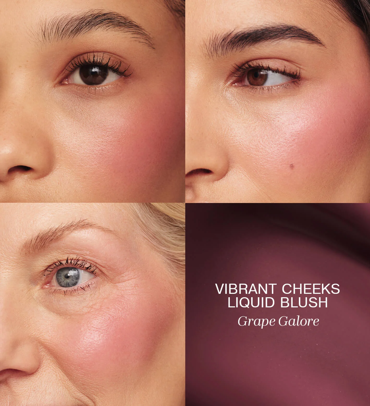 Meroda Cosmetics Vibrant Cheeks Liquid Blush in Grape Galore applied on three skin tones for a radiant, dewy finish.
