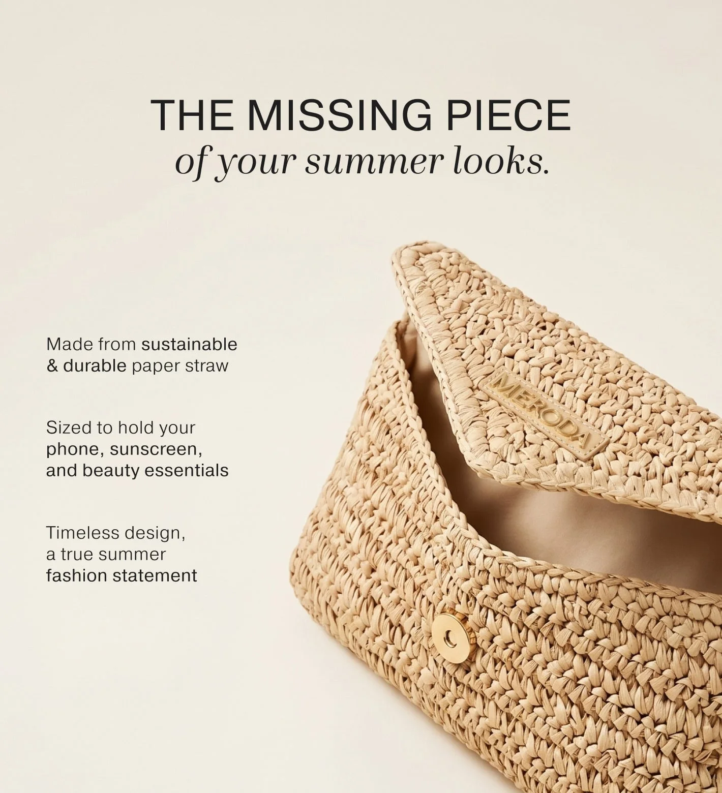Beige woven paper straw Summer Travel Clutch featuring a gold magnetic closure and embossed Meroda logo.