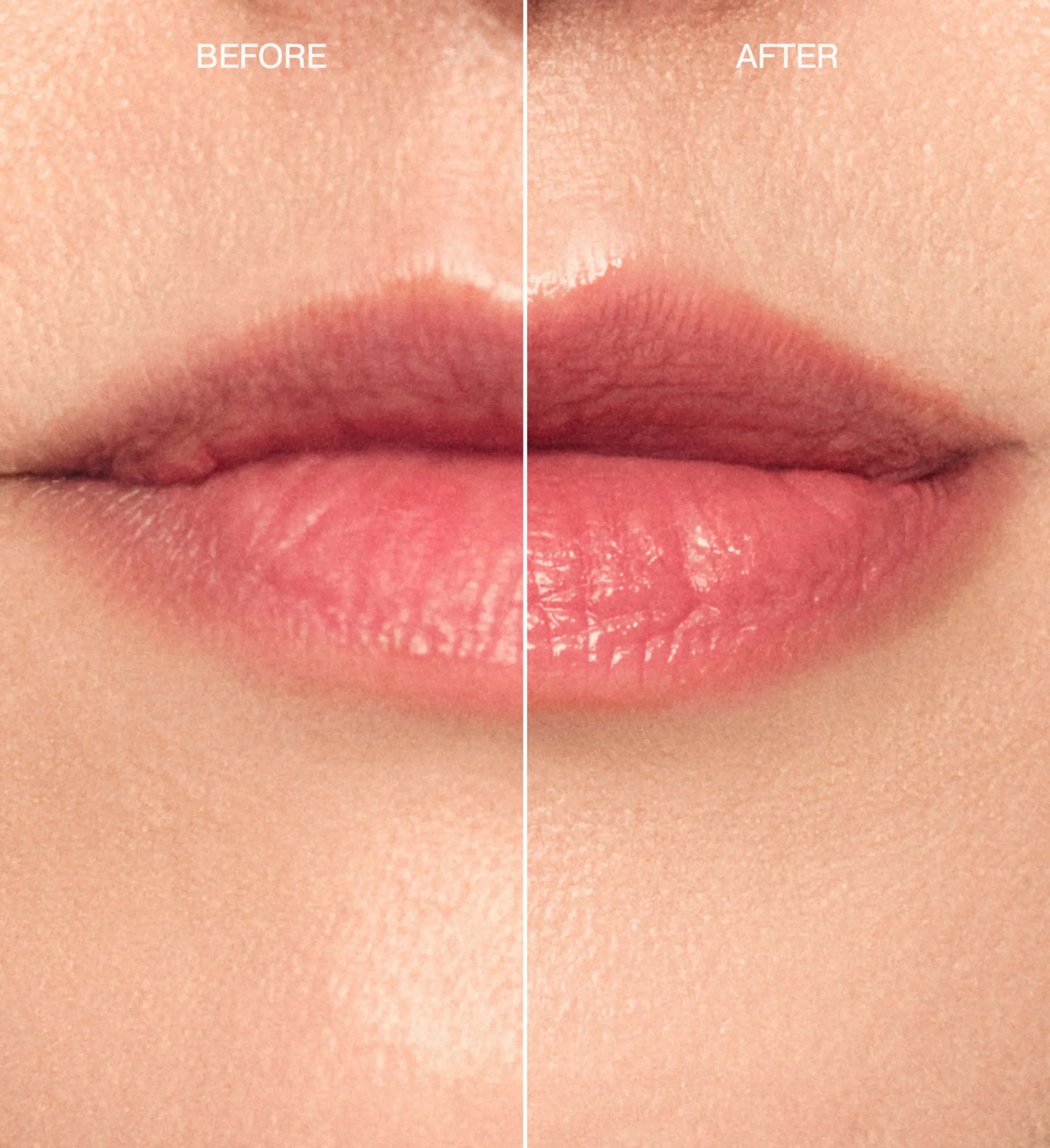 Sunkissed Trio Hydrating Lip Tint in Peachy Rose before and after showing enhanced lip color and shine.