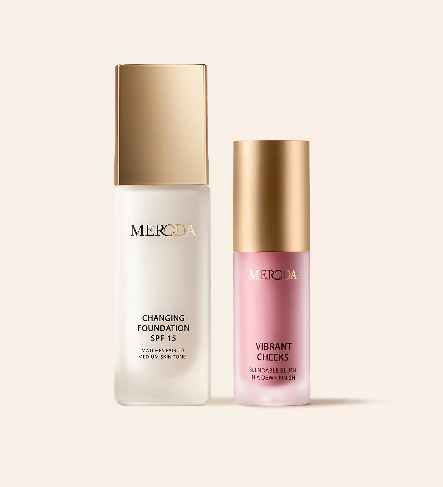 Vibrant Skin Duo featuring Changing Foundation and Vibrant Cheeks Liquid Blush in Grape Galore on a neutral background.