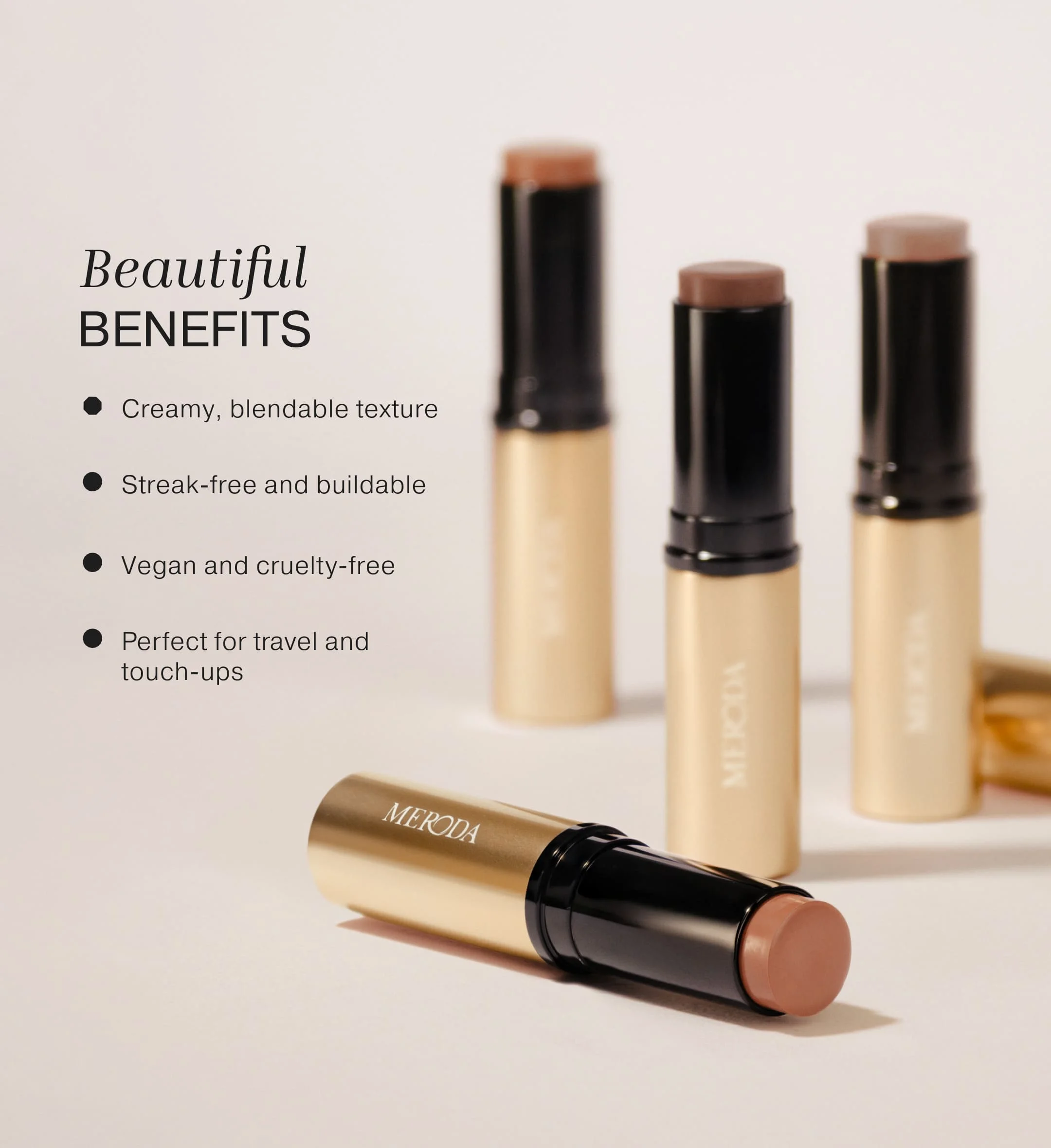 The Soft Tan Bronzer sticks in gold tubes with text detailing the creamy, buildable, and vegan formula.