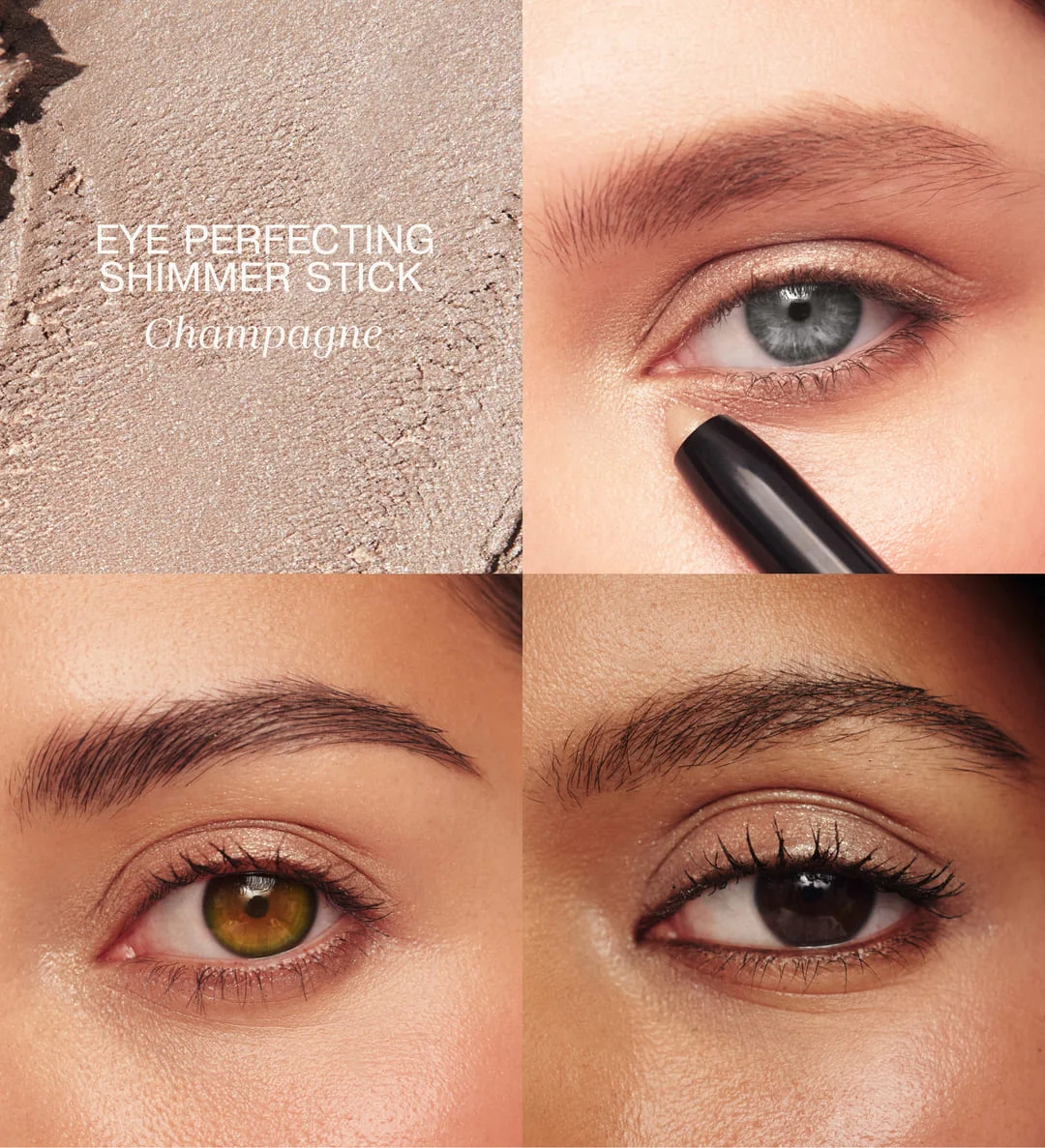 Eye Perfecting Shimmer Stick in Champagne showing texture and application on different eye colors for The Daily Routine Set