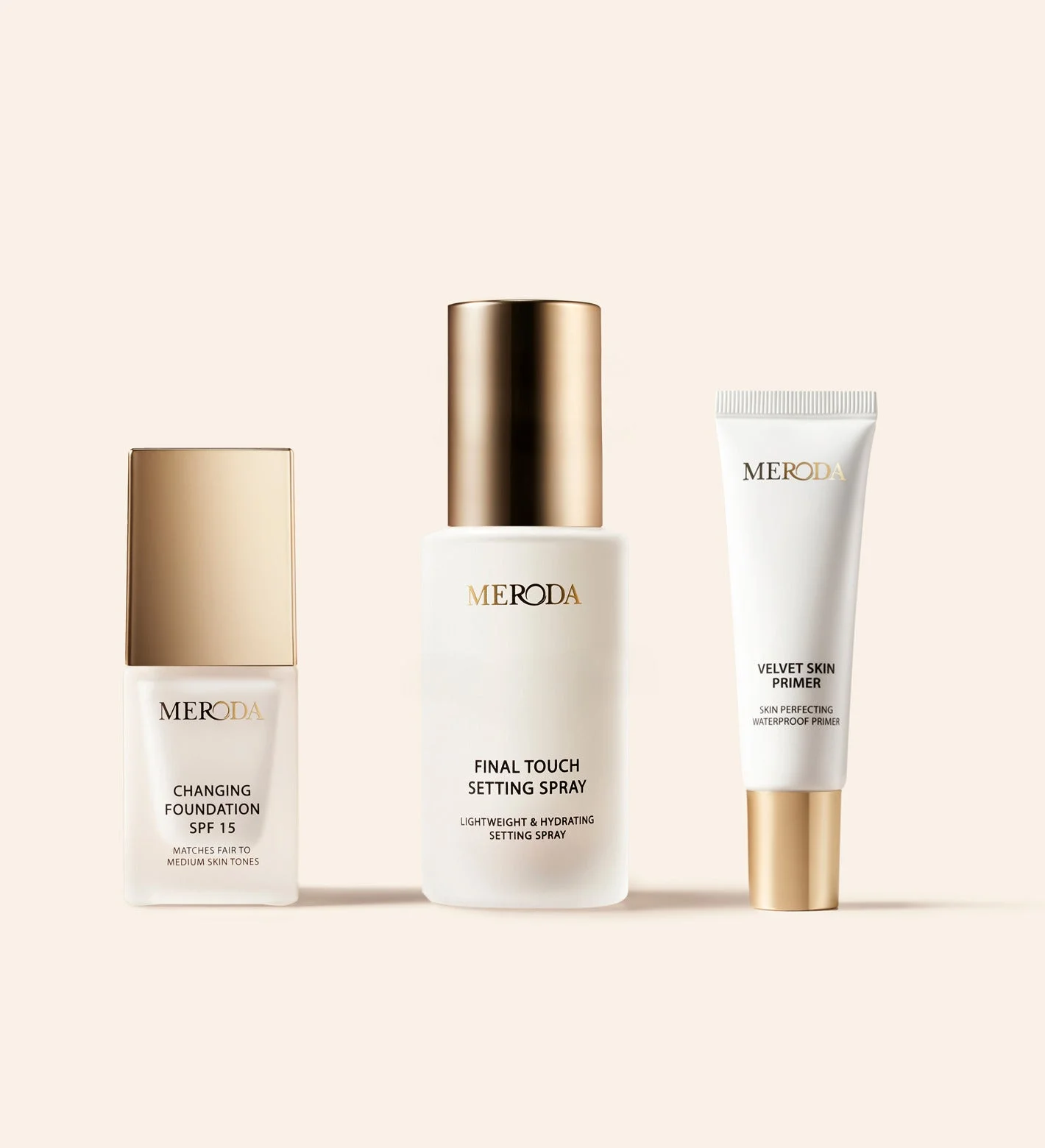 The Perfect Base Mini featuring Changing Foundation, Final Touch Setting Spray and Velvet Skin Primer in white and gold.