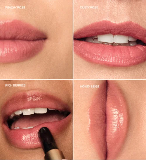 Hydrating Lip Tint shade finder featuring Peachy Rose, Dusty Rose, Rich Berries, and Honey Beige with a satin finish.