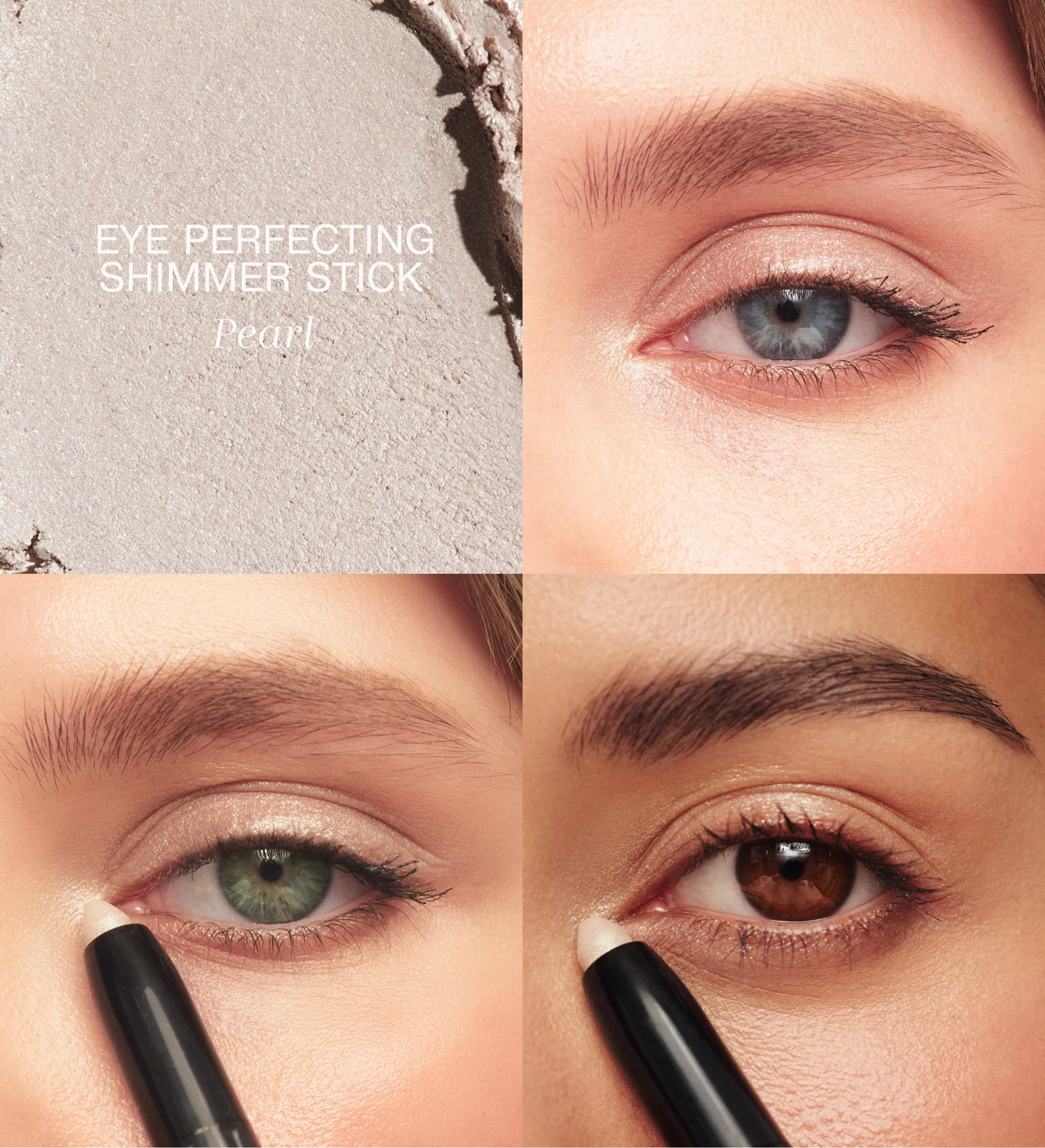 Eye Perfecting Shimmer Stick in Pearl showing texture swatch and application on blue, green, and brown eyes.