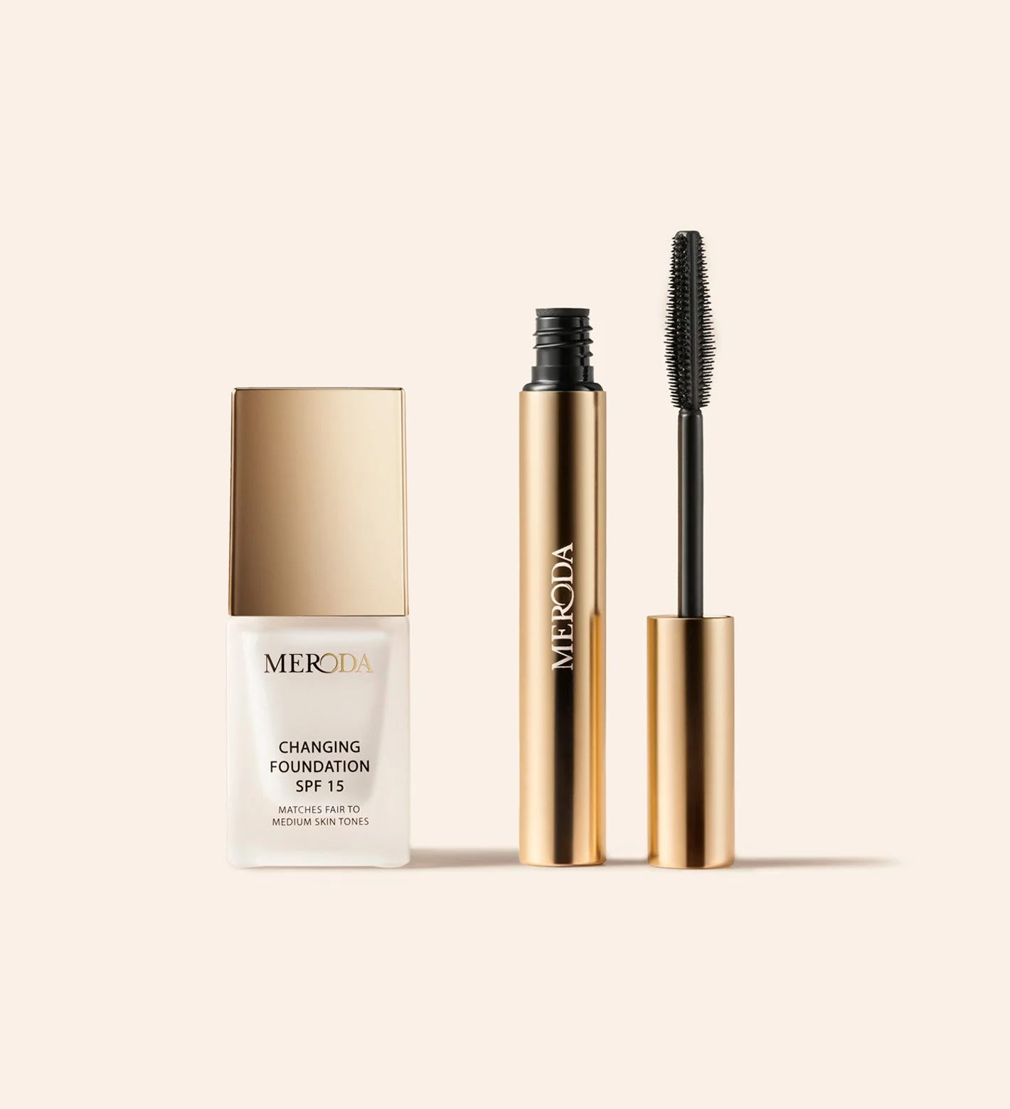 Meroda Cosmetics The Key Essentials Mini featuring Changing Foundation and Gilded Lashes Mascara in gold and white packaging