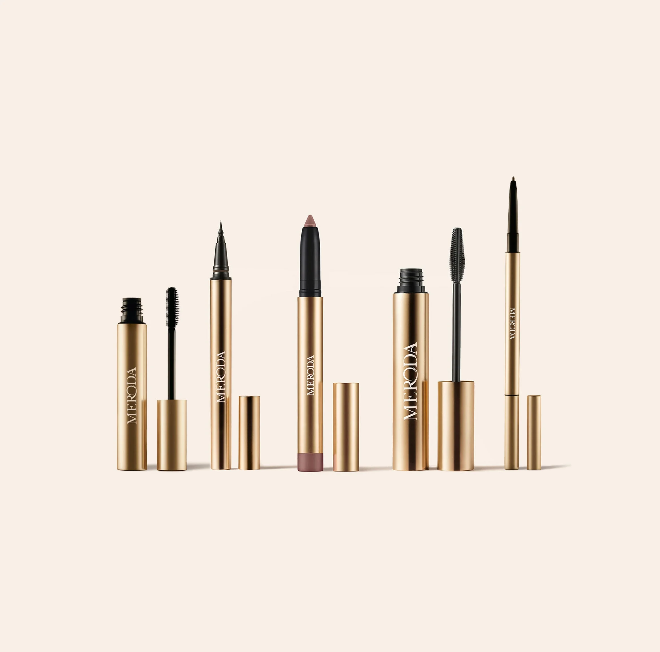 The Complete Eye Edit featuring gold brow and eye essentials including the Bronze Eye Perfecting Shimmer Stick.