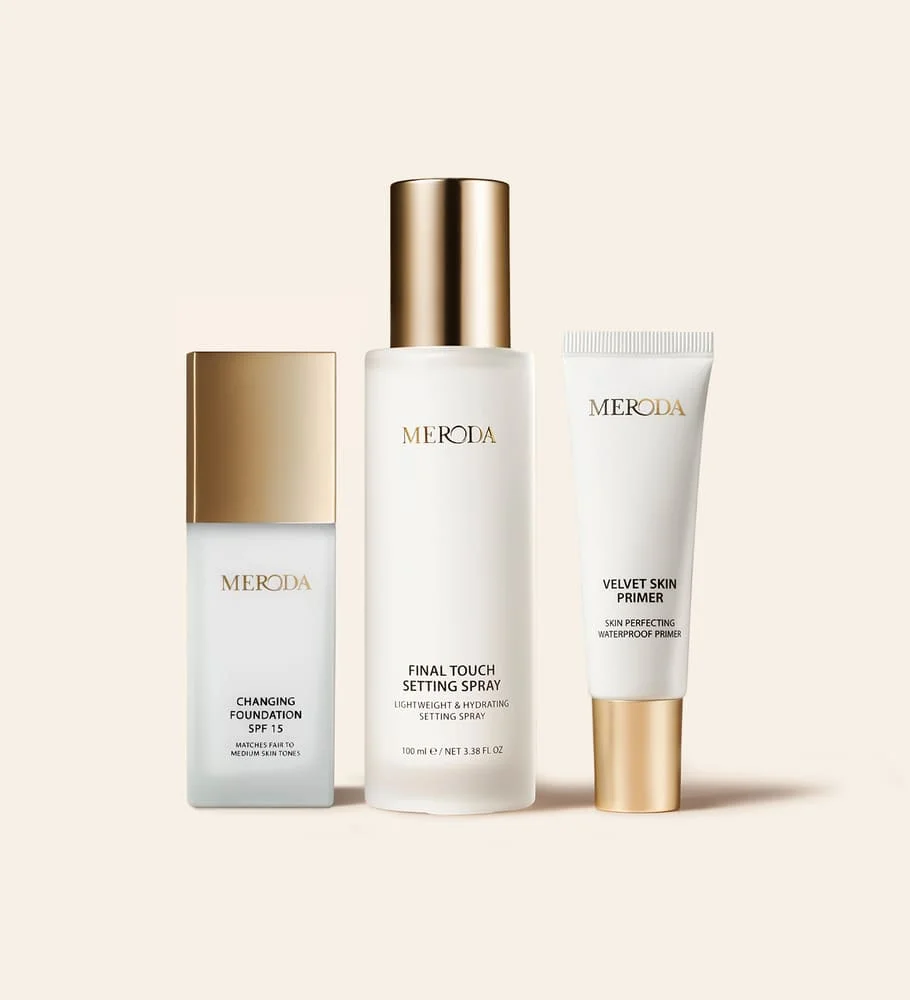 The Perfect Base featuring Changing Foundation, Final Touch Setting Spray, and Velvet Skin Primer with elegant gold caps.